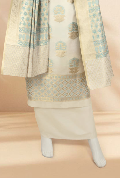 Pastel Blue & Ivory Chanderi Kurta, Dupatta & Pants Set