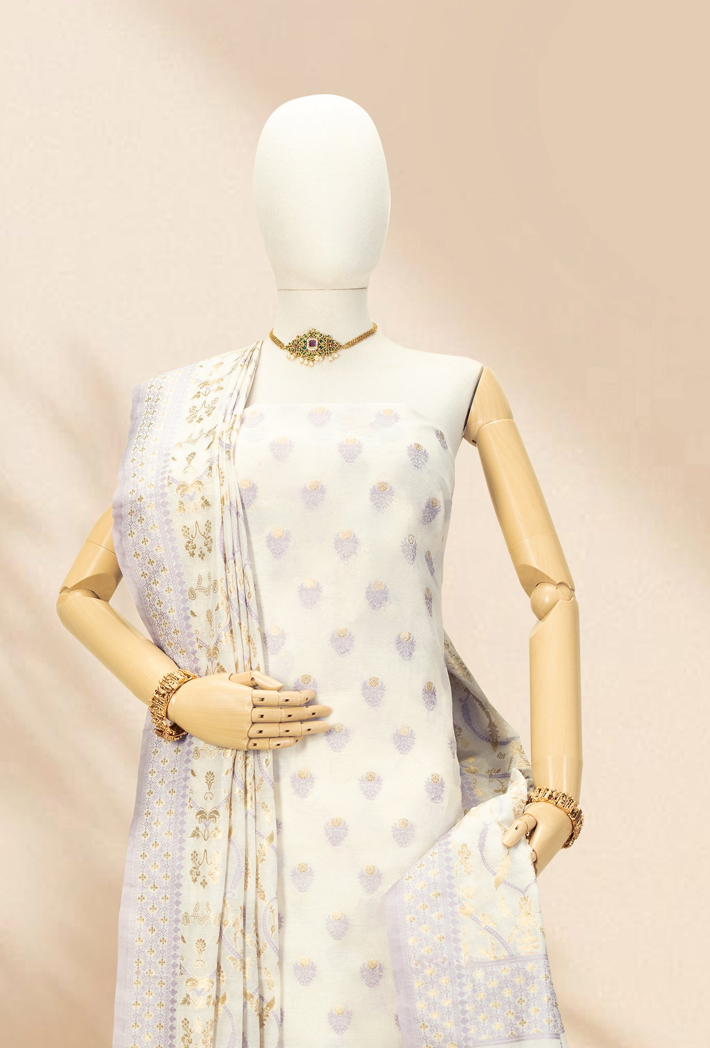 Ivory With Lilac Chanderi Kurta, Dupatta & Pants Set
