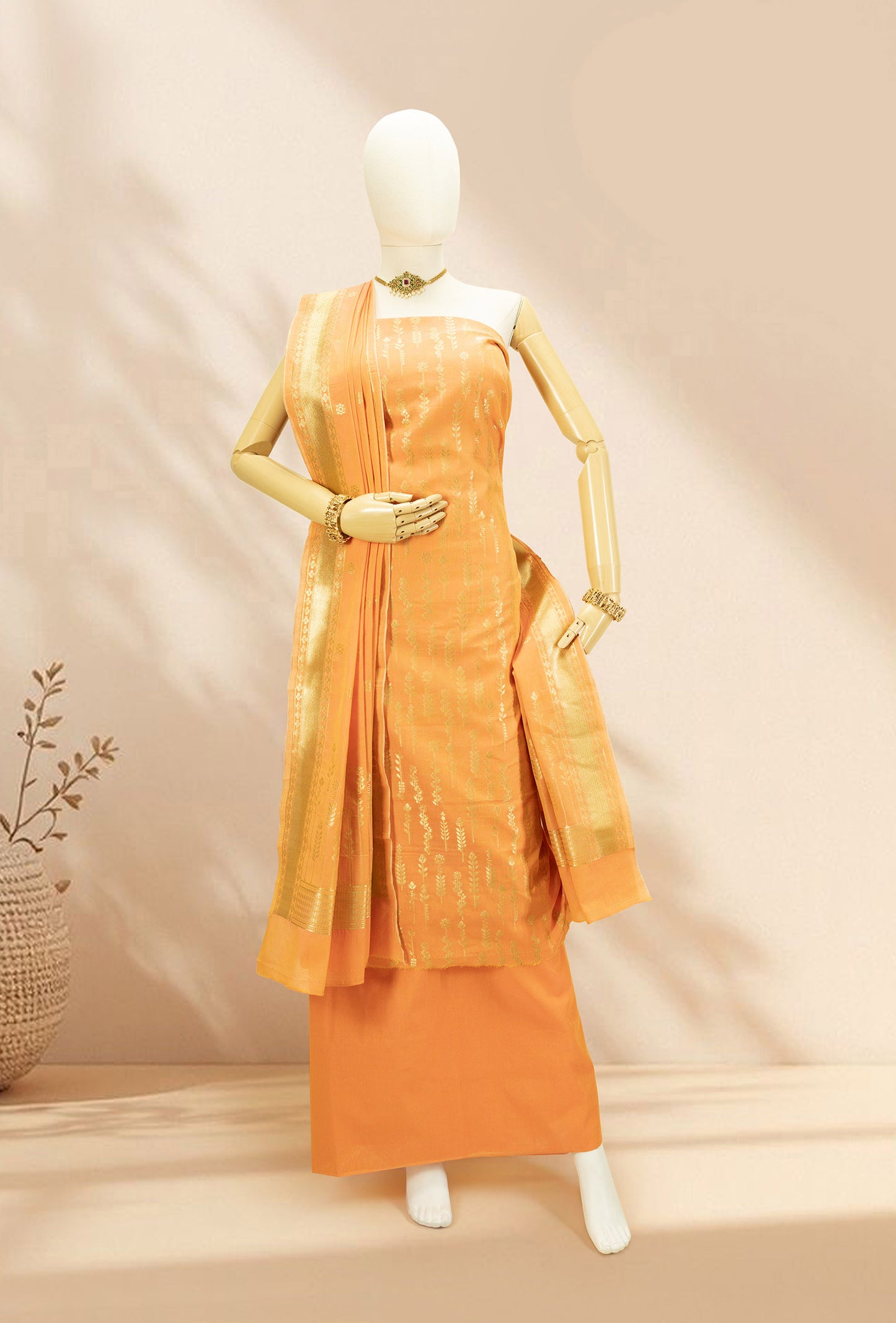 Orange Brocade Kurta Set With Chanderi Silk Dupatta & Pants