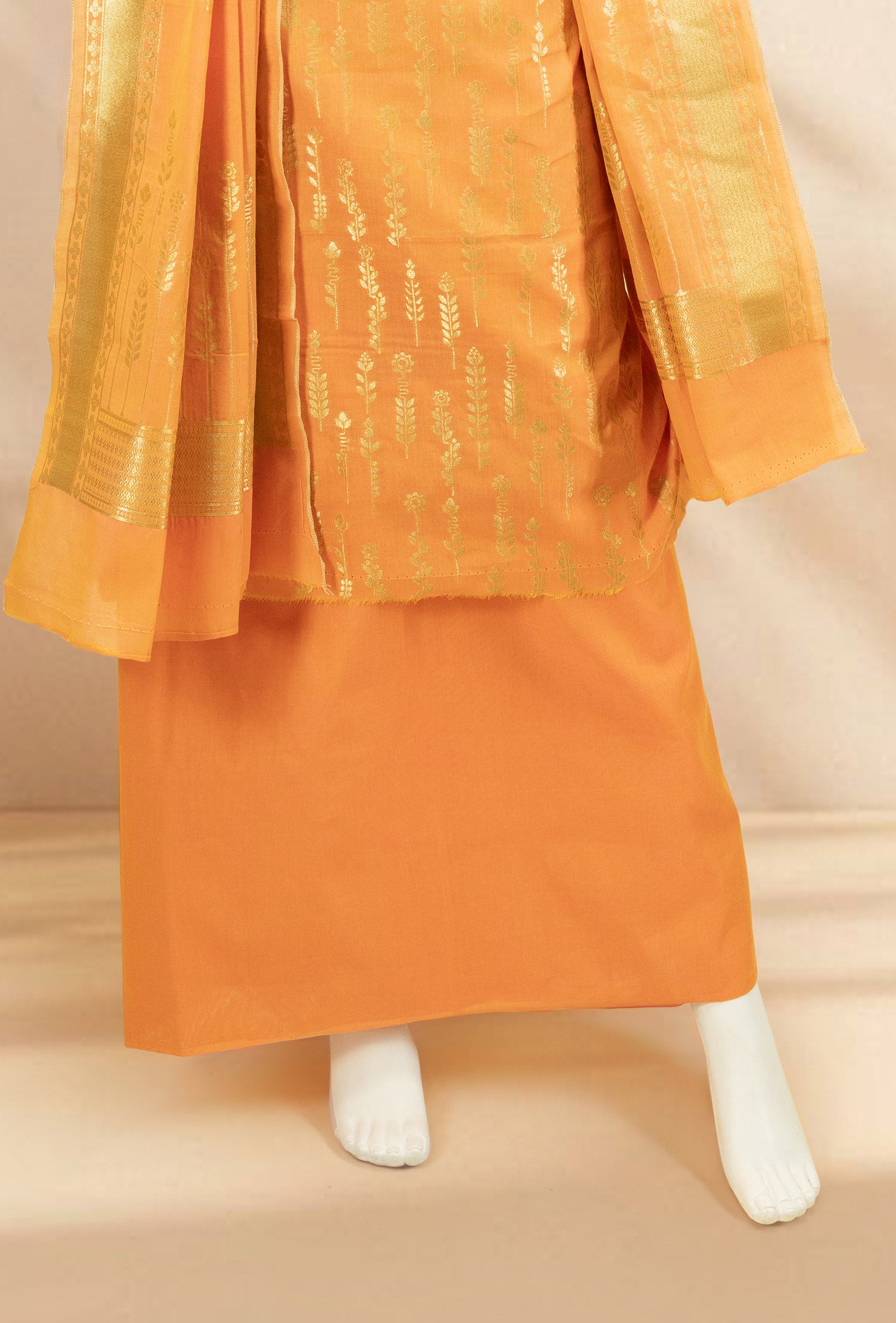 Orange Brocade Kurta Set With Chanderi Silk Dupatta & Pants