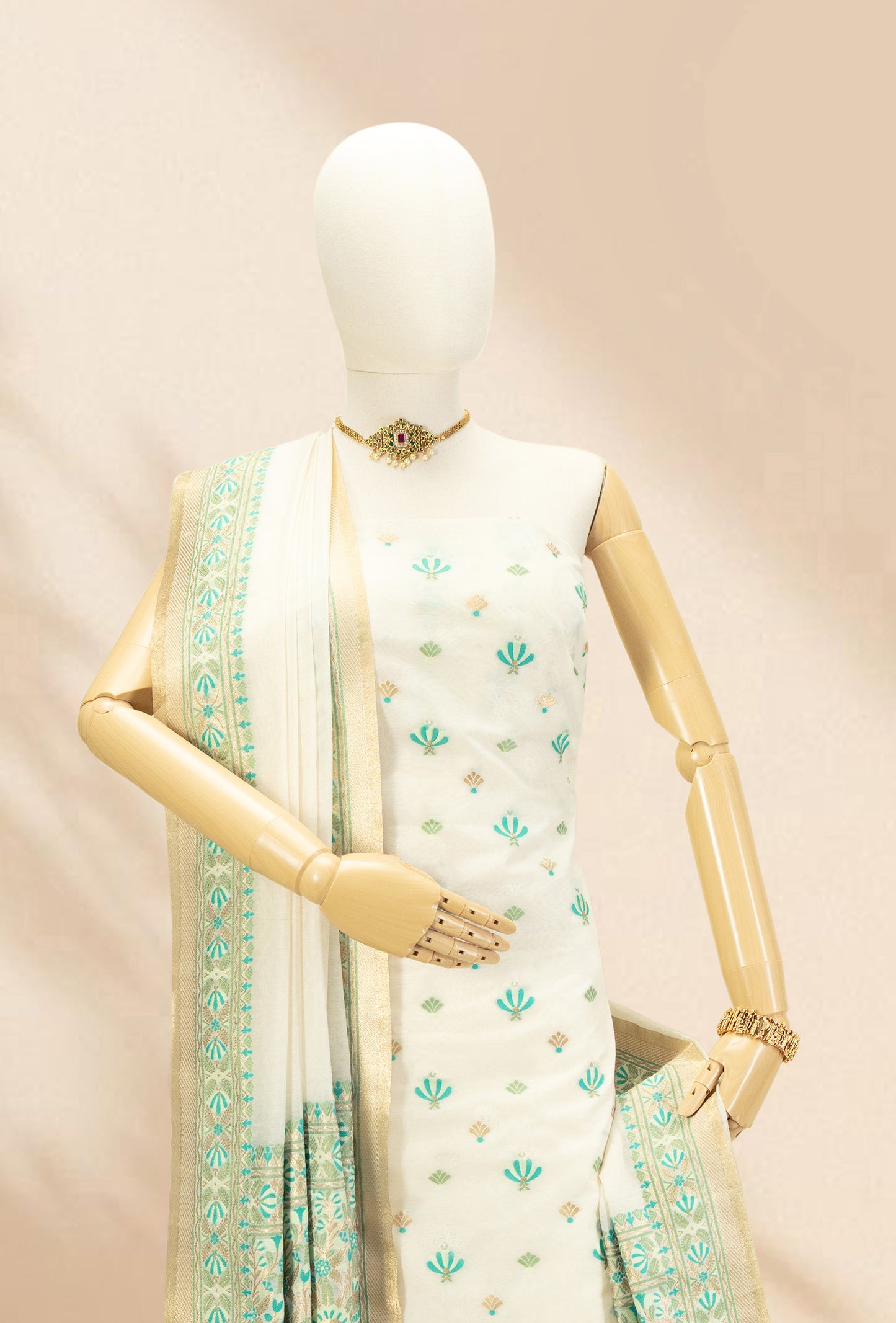 Ivory & Green Chanderi Kurta, Dupatta & Pants Set