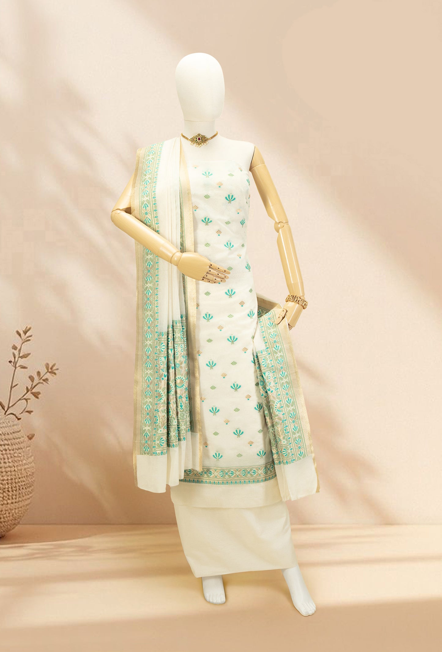 Ivory & Green Chanderi Kurta, Dupatta & Pants Set