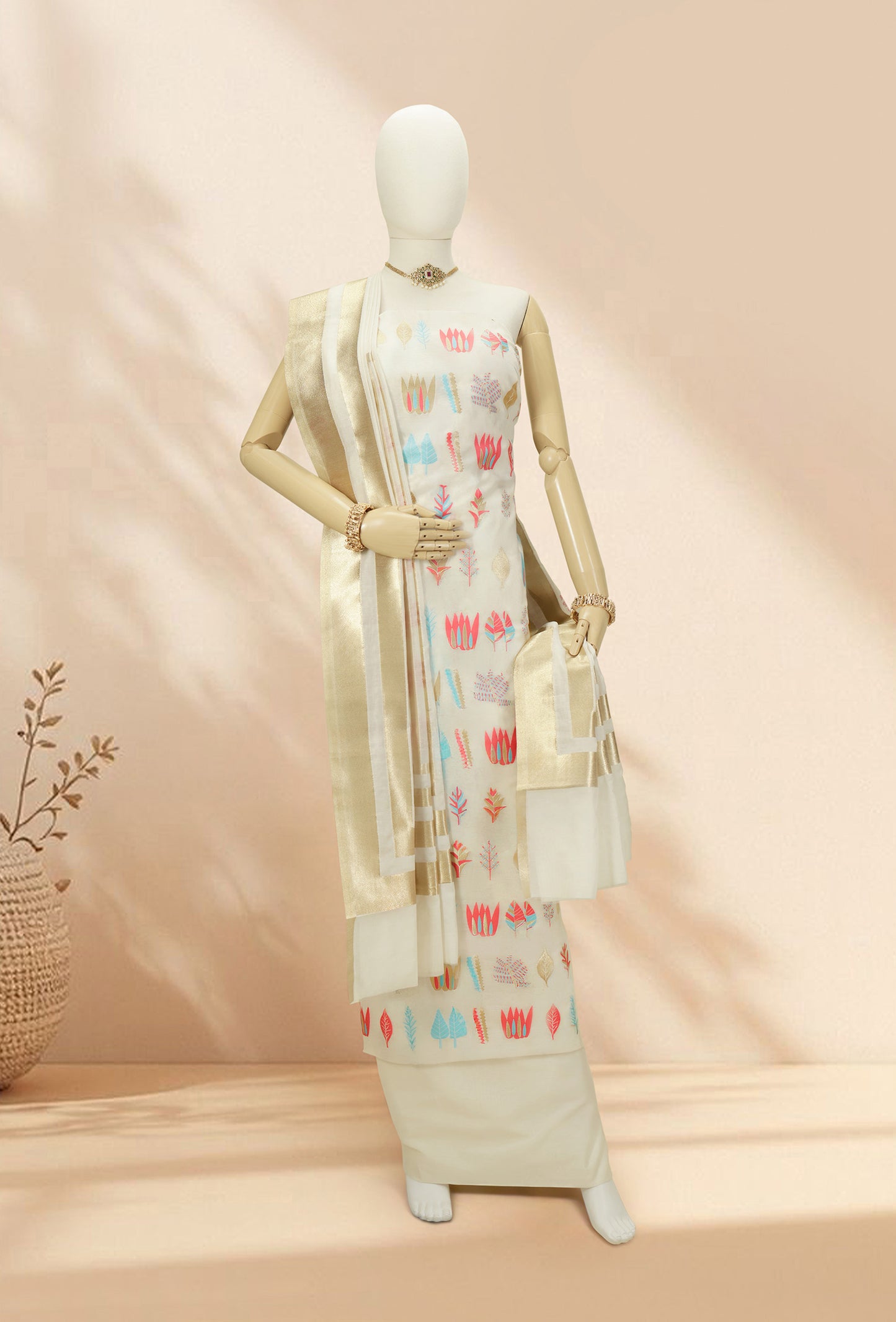 Ivory & Pink Chanderi Kurta, Dupatta & Pants Set