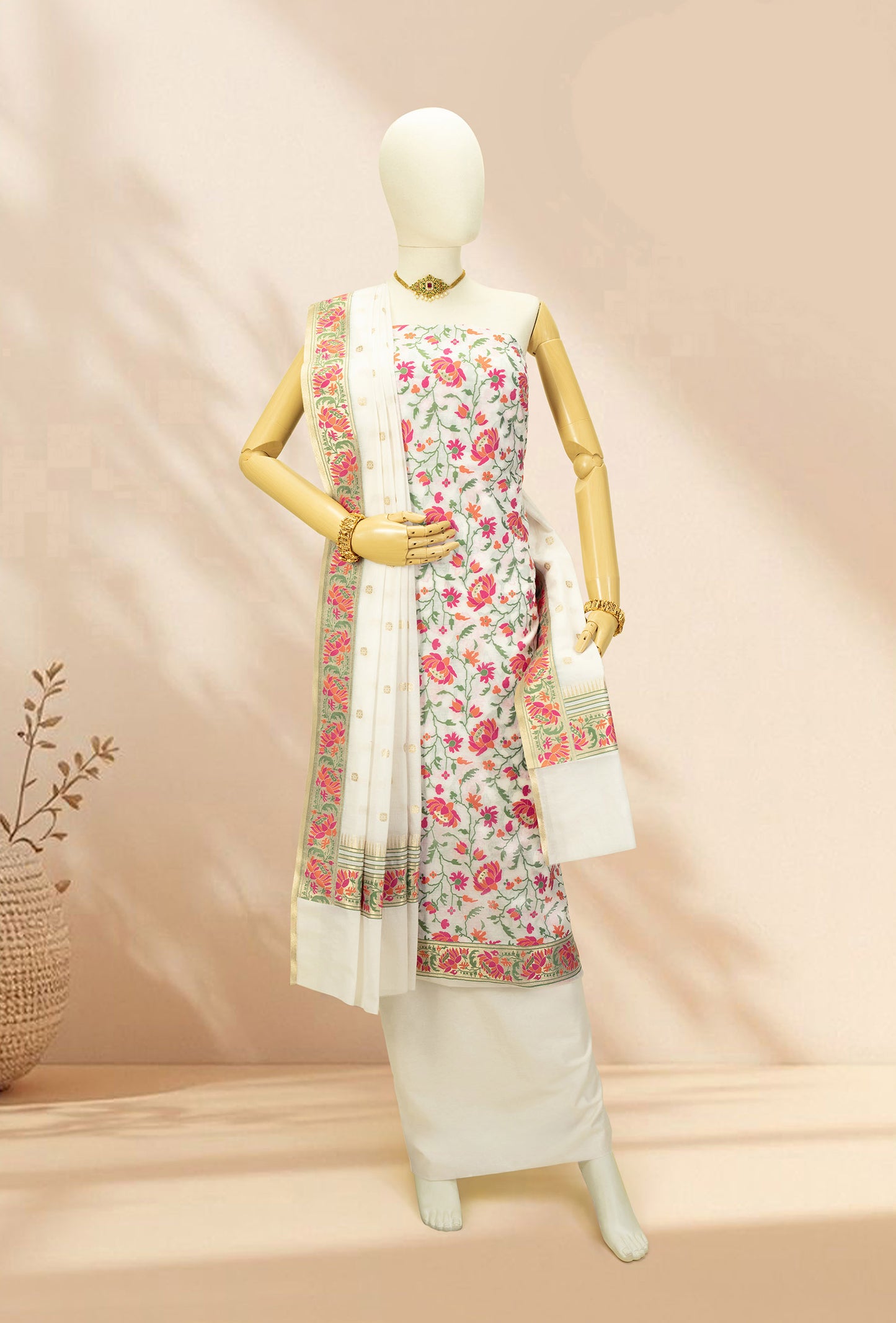 Ivory & Pink Floral Chanderi Kurta, Dupatta & Pants Set