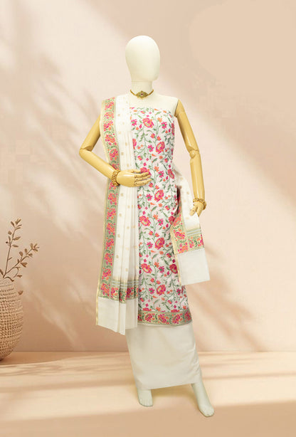 Ivory & Pink Floral Chanderi Kurta, Dupatta & Pants Set