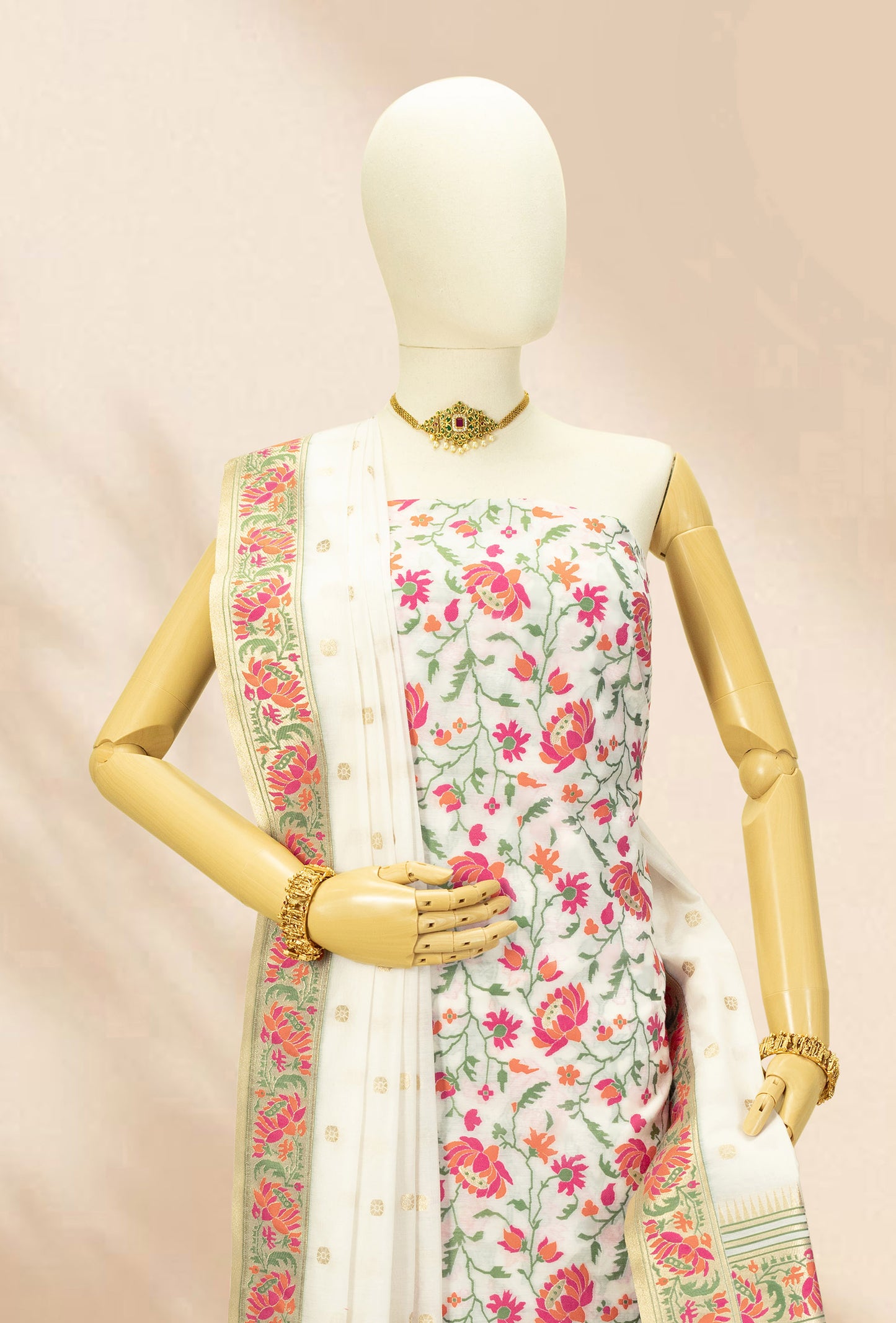 Ivory & Pink Floral Chanderi Kurta, Dupatta & Pants Set