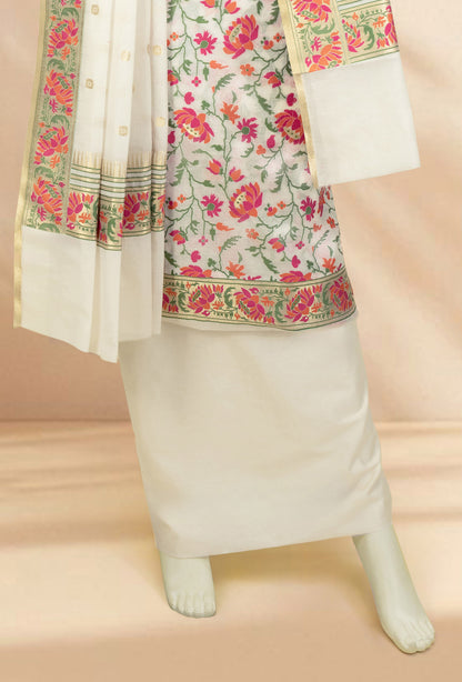 Ivory & Pink Floral Chanderi Kurta, Dupatta & Pants Set
