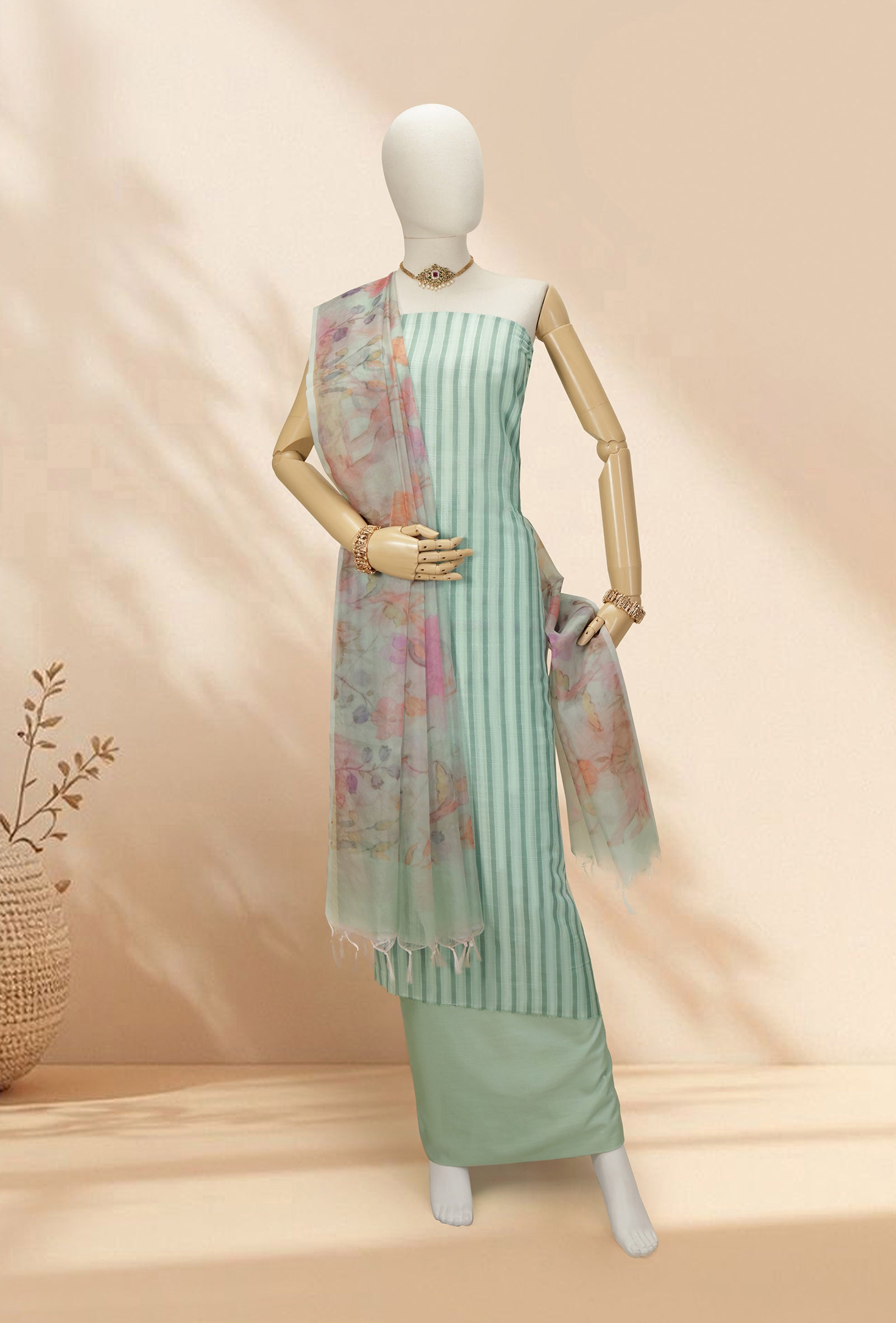 Sea Green Tissue Kurta Set With Organza Dupatta & Cotton Silk Pants