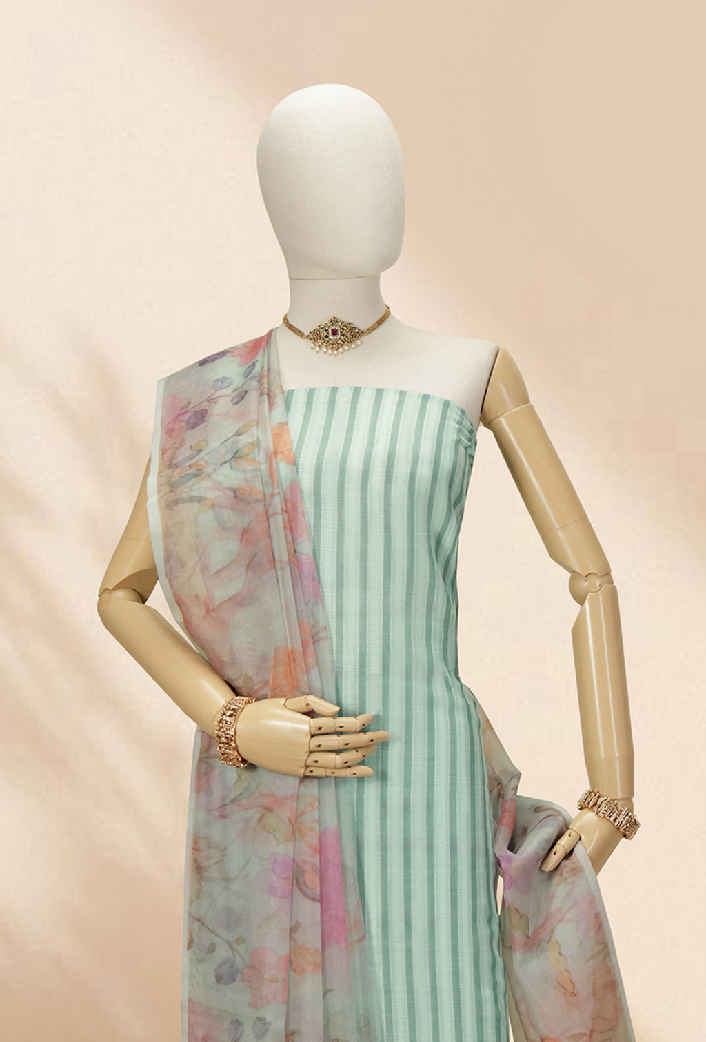Sea Green Tissue Kurta Set With Organza Dupatta & Cotton Silk Pants