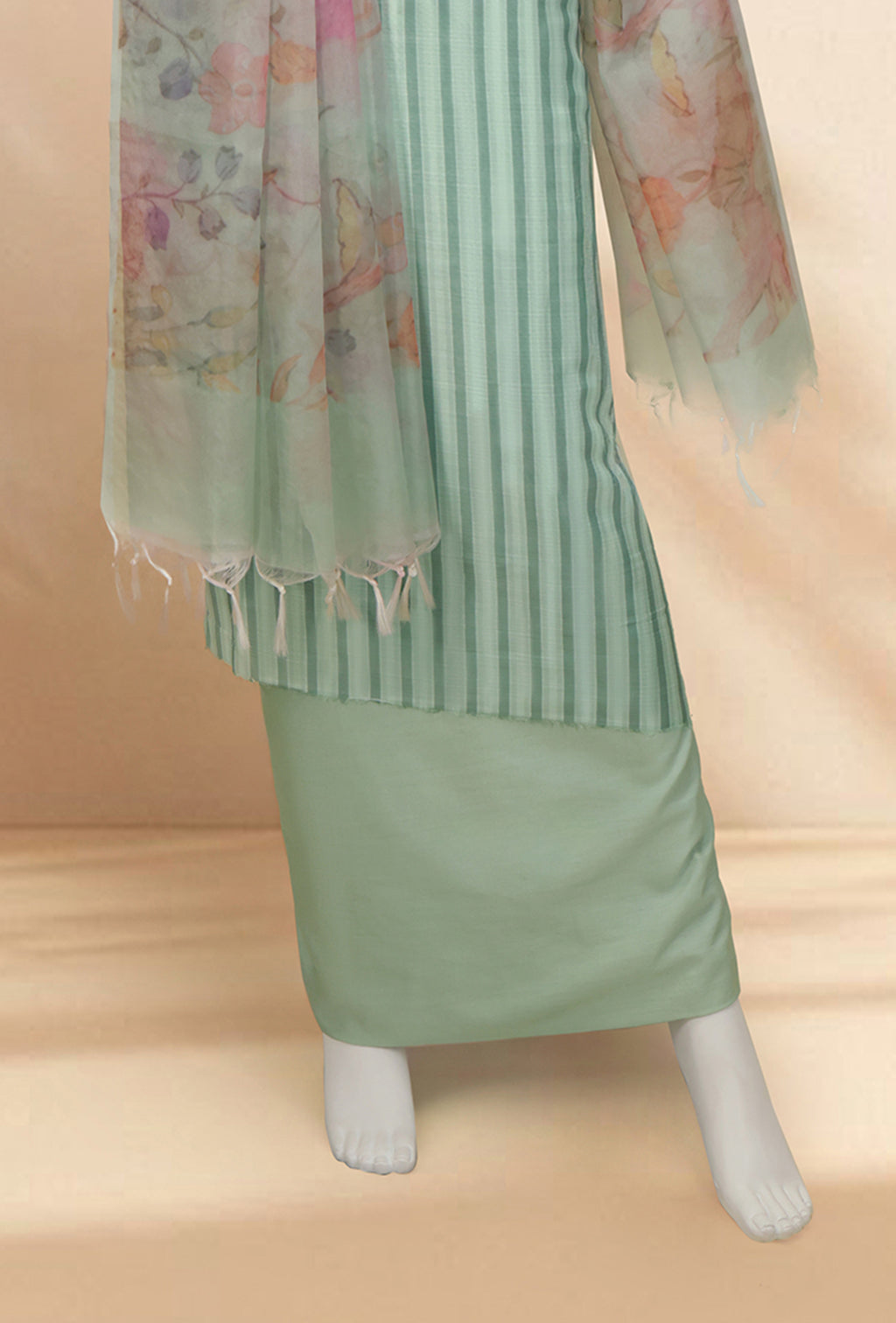 Sea Green Tissue Kurta Set With Organza Dupatta & Cotton Silk Pants