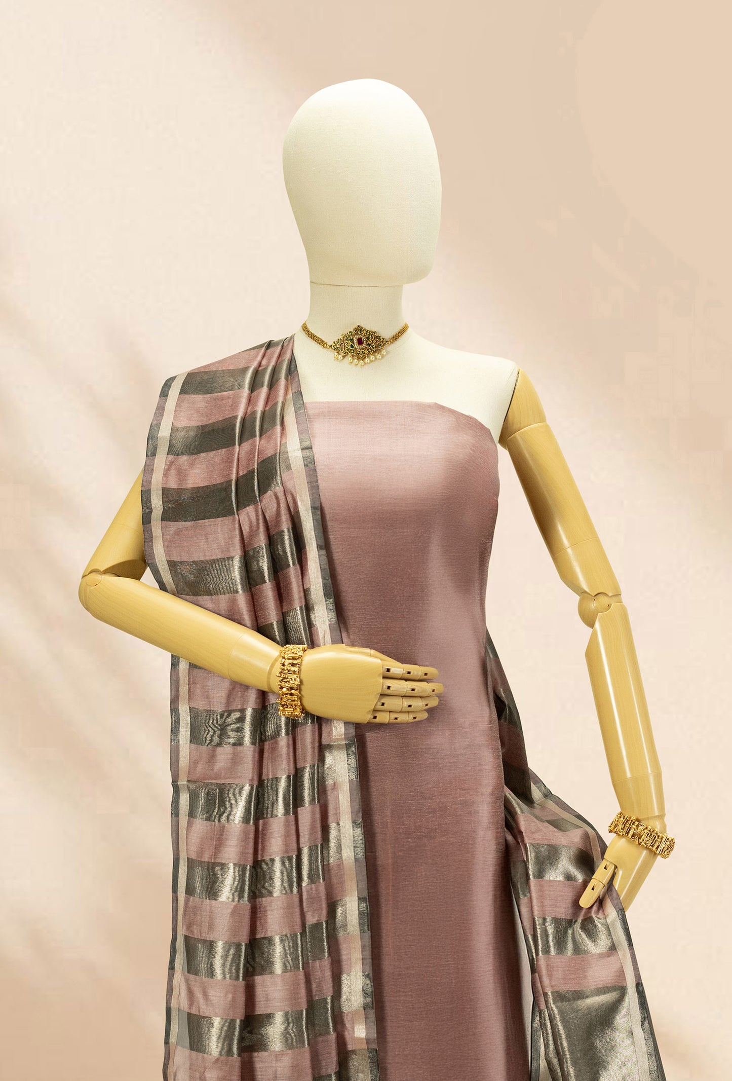 Salmon Pink Silk Kurta Set With Dupatta & Pants