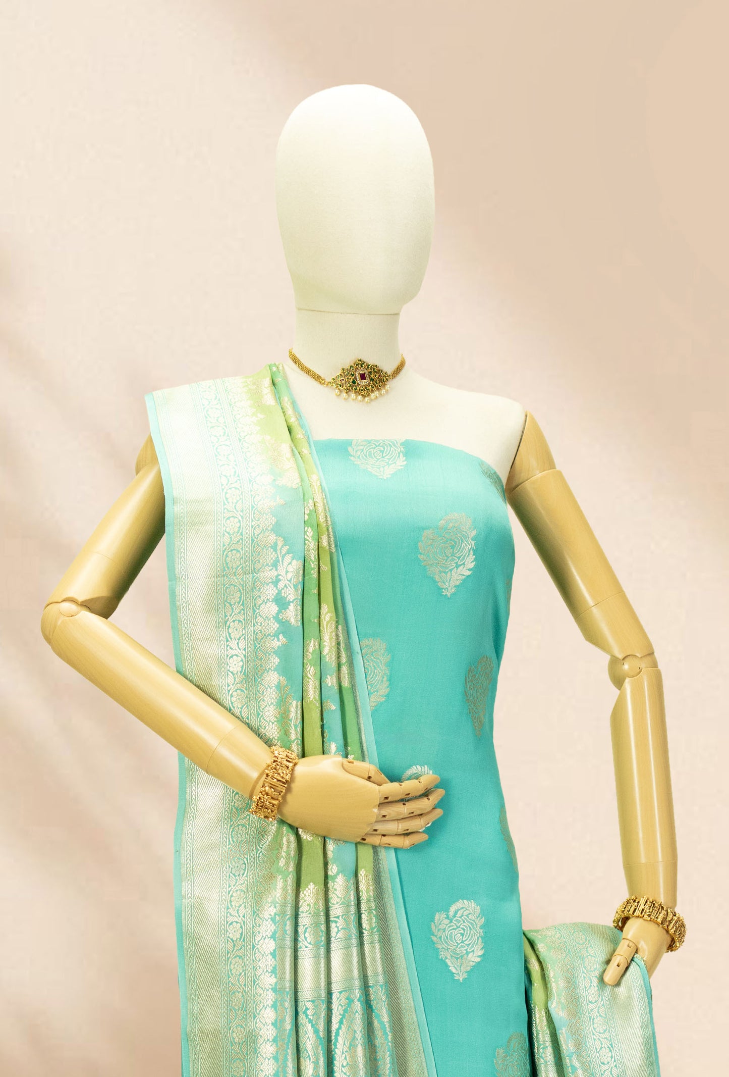 Geographic Kurta Dupatta Set in Sea Blue