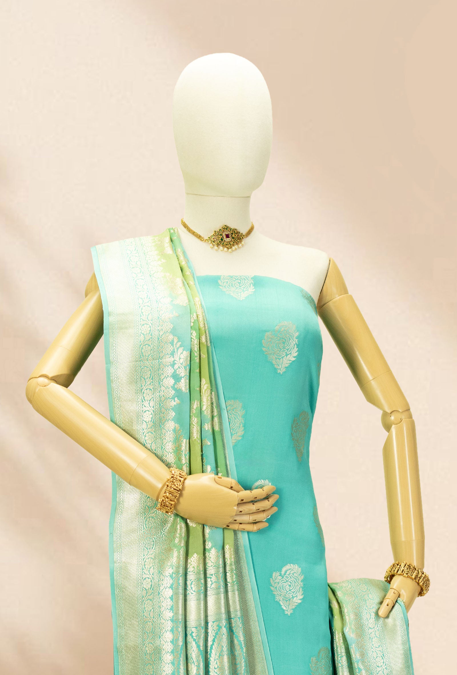 Geographic Kurta Dupatta Set in Sea Blue