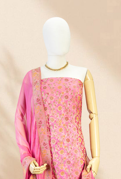 Pink Chanderi Printed Kurta with Cotton Pant & Chiffon Dupatta