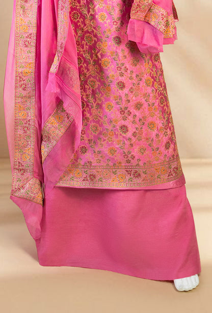 Pink Chanderi Printed Kurta with Cotton Pant & Chiffon Dupatta