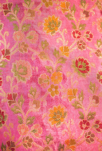 Pink Chanderi Printed Kurta with Cotton Pant & Chiffon Dupatta