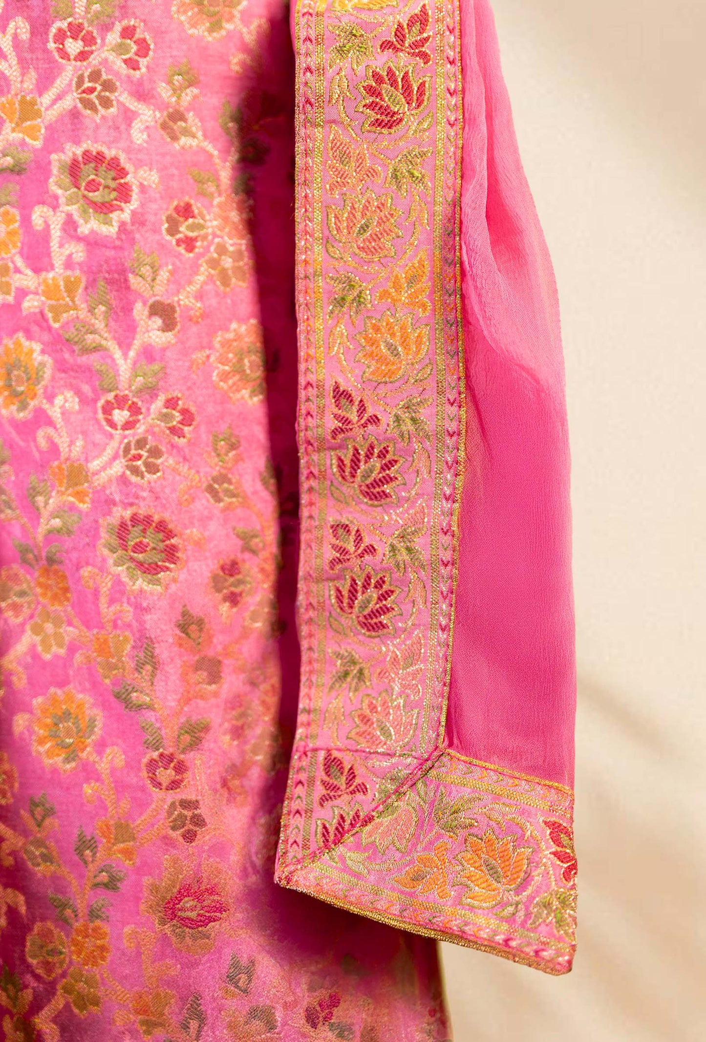 Pink Chanderi Printed Kurta with Cotton Pant & Chiffon Dupatta