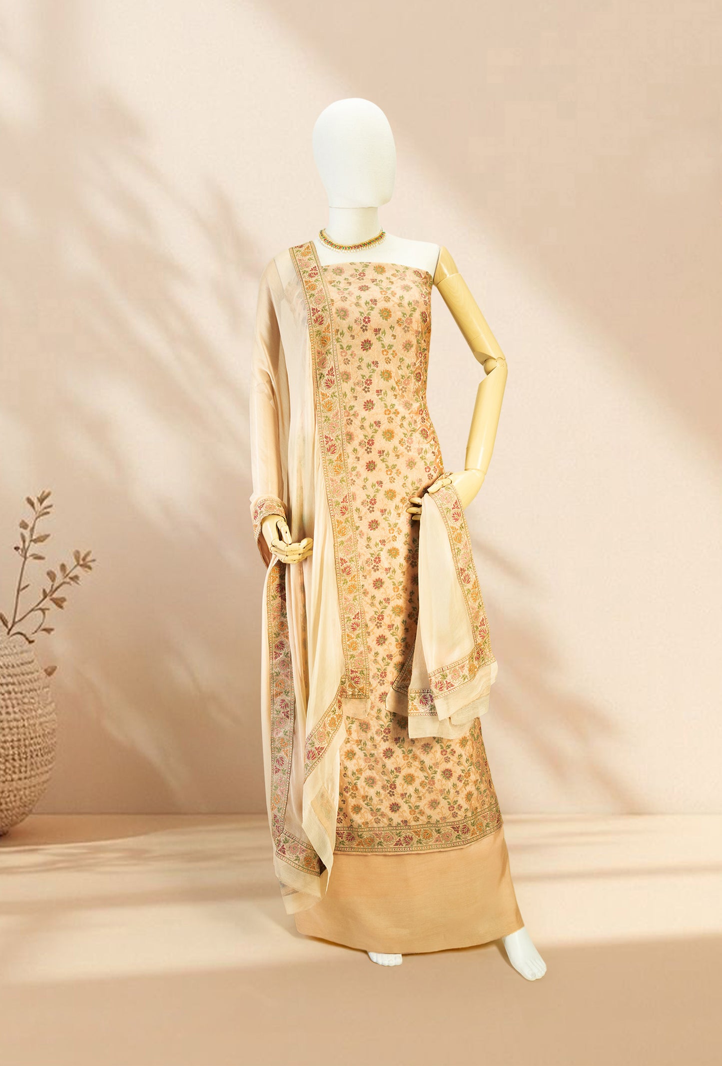 Yellow Chanderi Printed Kurta with Cotton Pant & Chiffon Dupatta