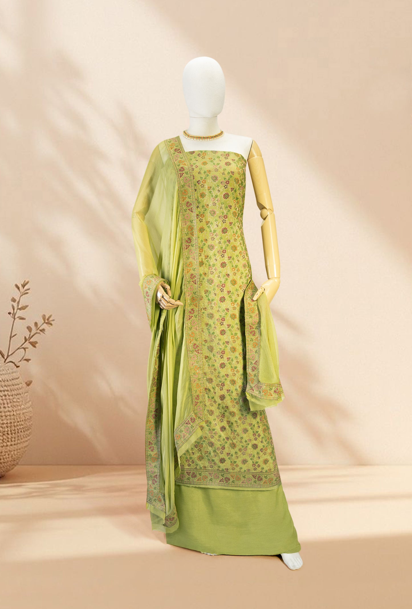 Green Chanderi Printed 3-Piece Suit for Women with Cotton Pant & Chiffon Dupatta