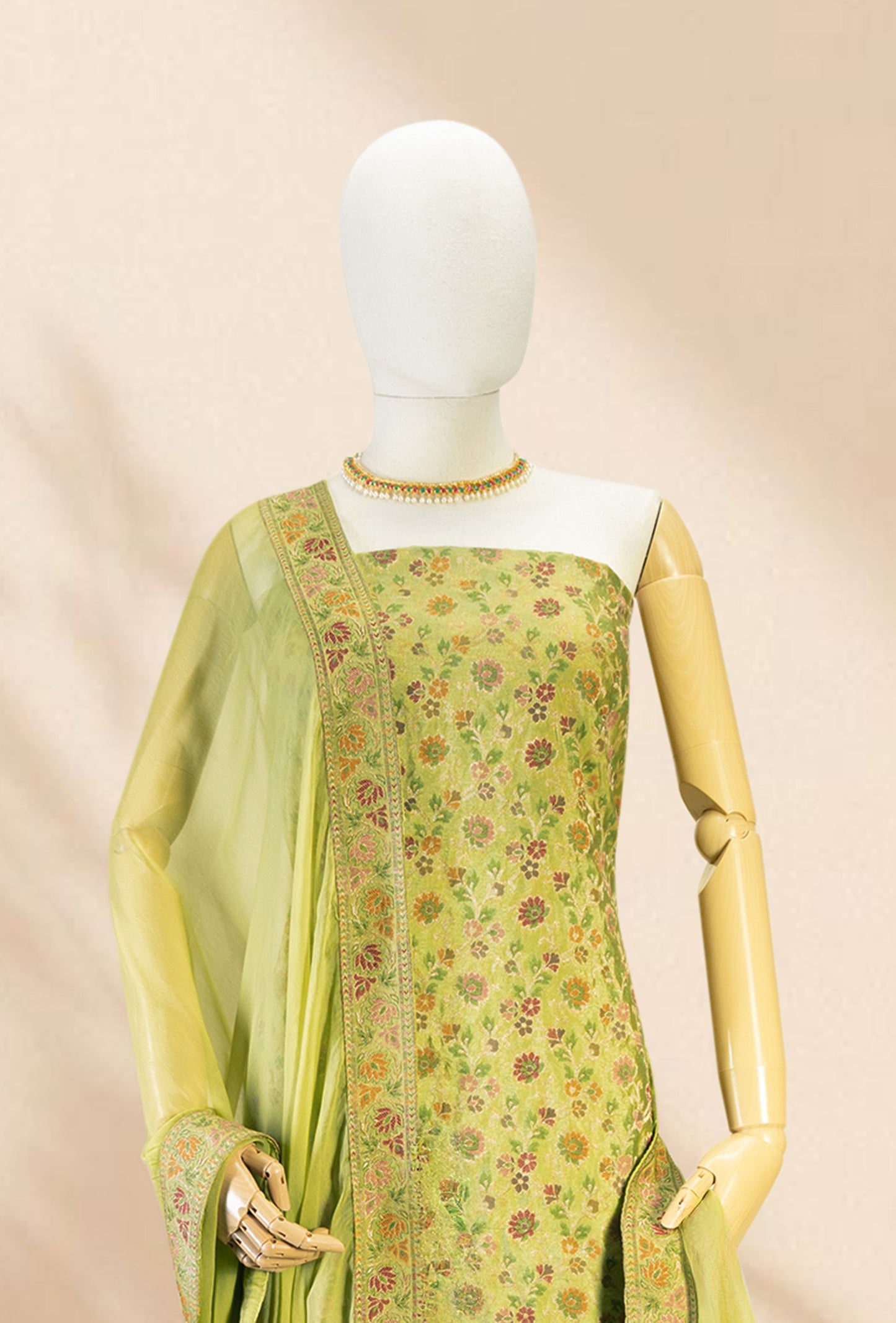 Green Chanderi Printed 3-Piece Suit for Women with Cotton Pant & Chiffon Dupatta