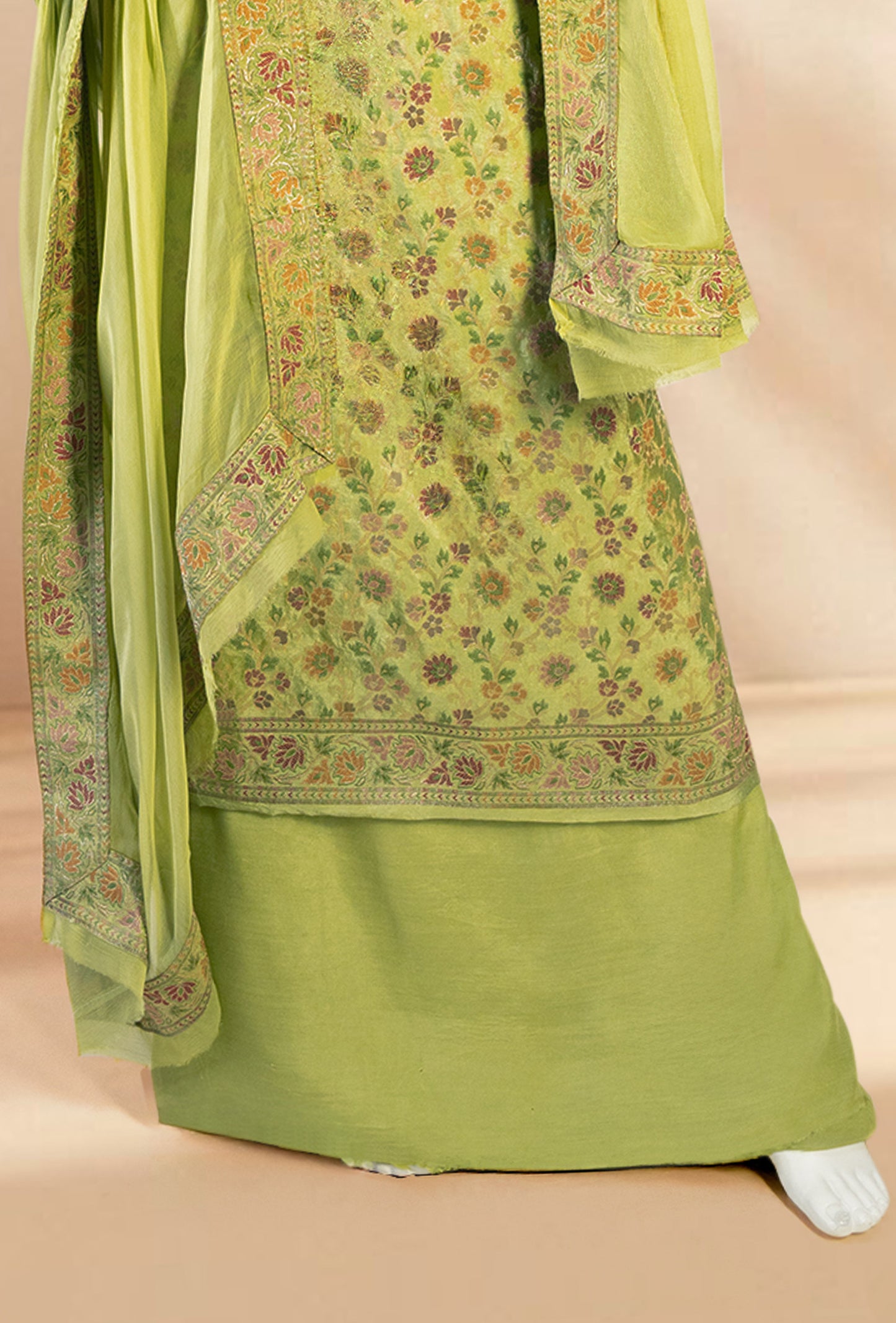 Green Chanderi Printed 3-Piece Suit for Women with Cotton Pant & Chiffon Dupatta