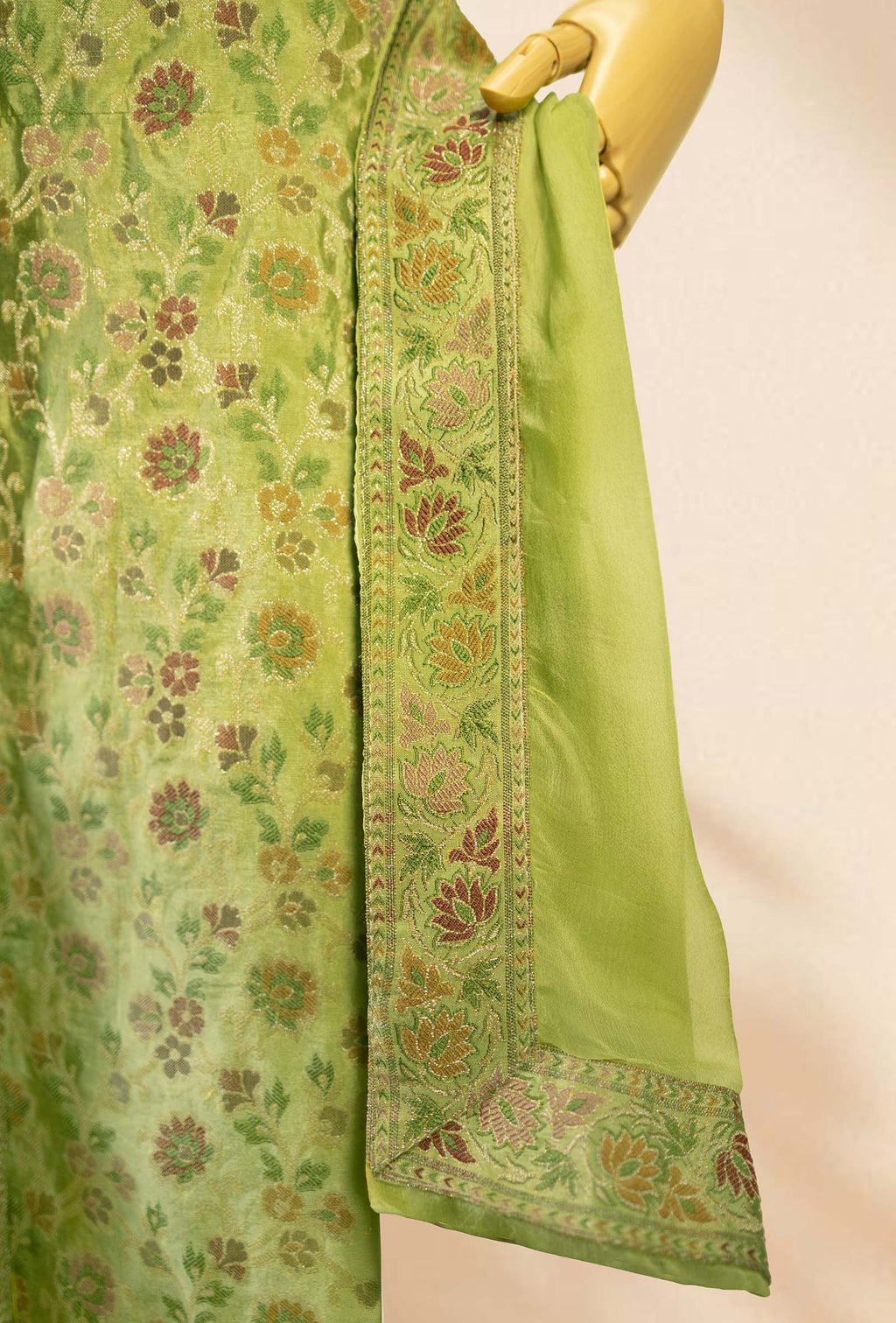 Green Chanderi Printed 3-Piece Suit for Women with Cotton Pant & Chiffon Dupatta