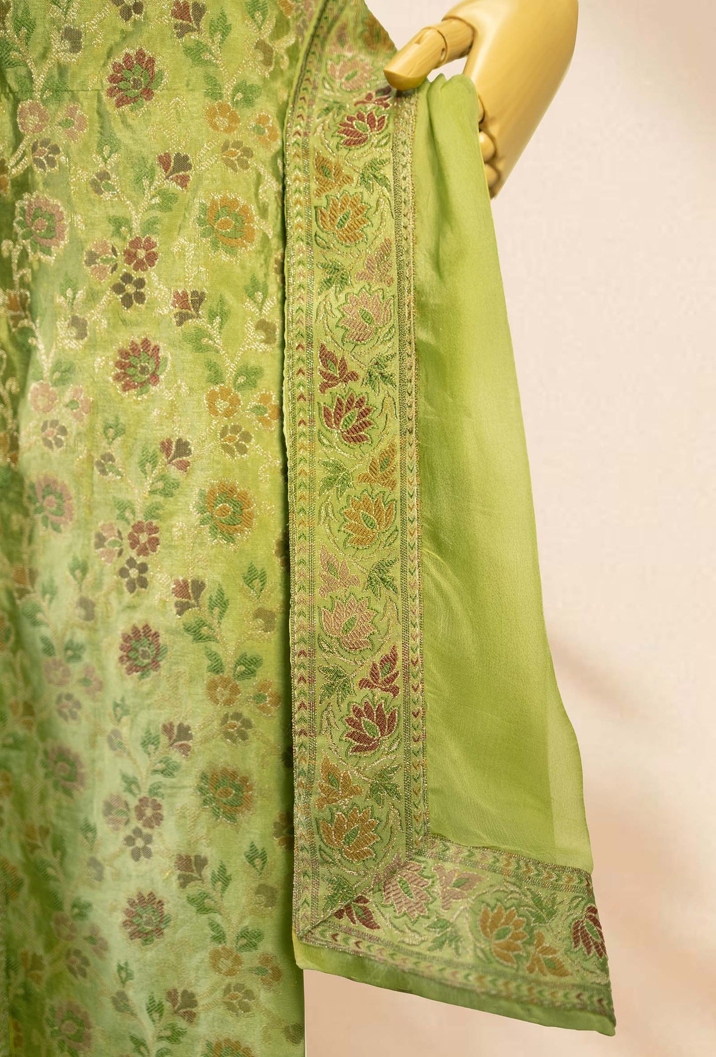 Green Chanderi Printed 3-Piece Suit for Women with Cotton Pant & Chiffon Dupatta