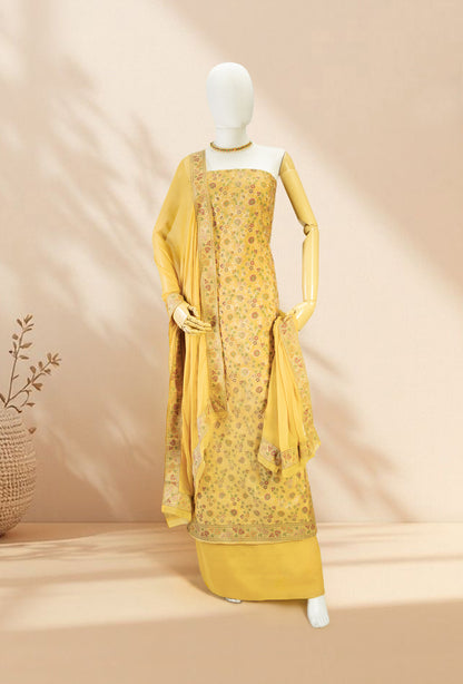 Mustard Yellow Chanderi Printed 3-Piece Suit for Women with Cotton Pant & Chiffon Dupatta