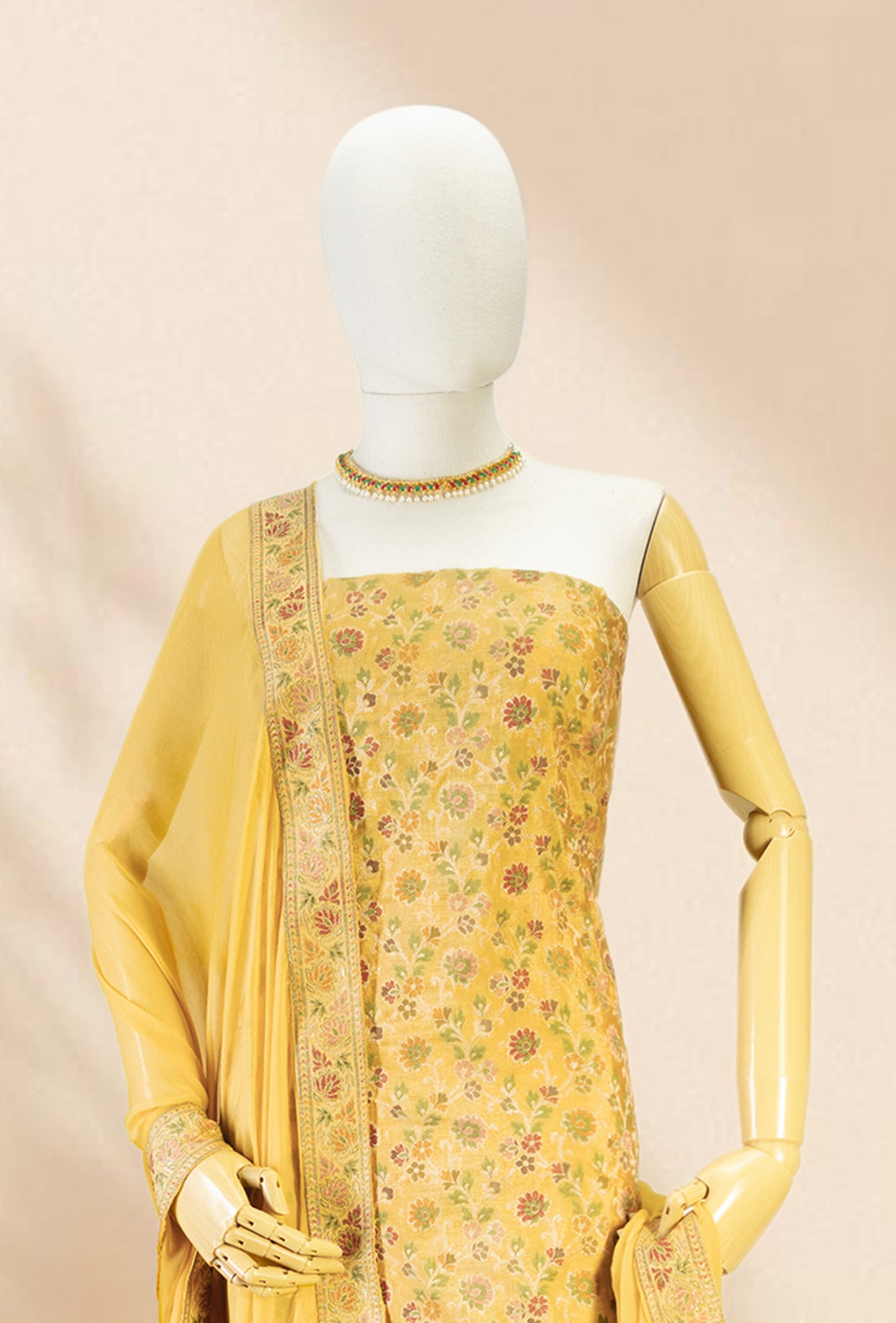 Mustard Yellow Chanderi Printed 3-Piece Suit for Women with Cotton Pant & Chiffon Dupatta