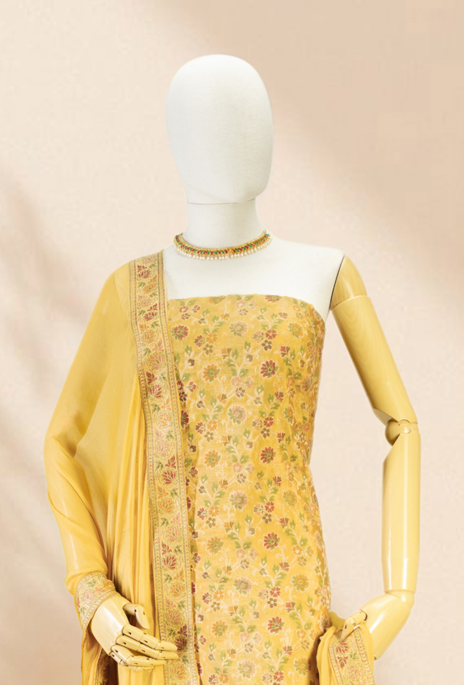 Mustard Yellow Chanderi Printed 3-Piece Suit for Women with Cotton Pant & Chiffon Dupatta