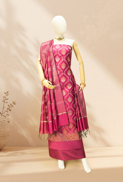 Rani Pink Banarasi Silk 3-Piece Suit Set – Kurta, Pant & Dupatta