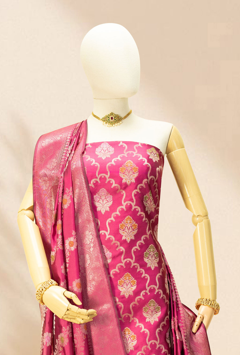 Rani Pink Banarasi Silk 3-Piece Suit Set – Kurta, Pant & Dupatta