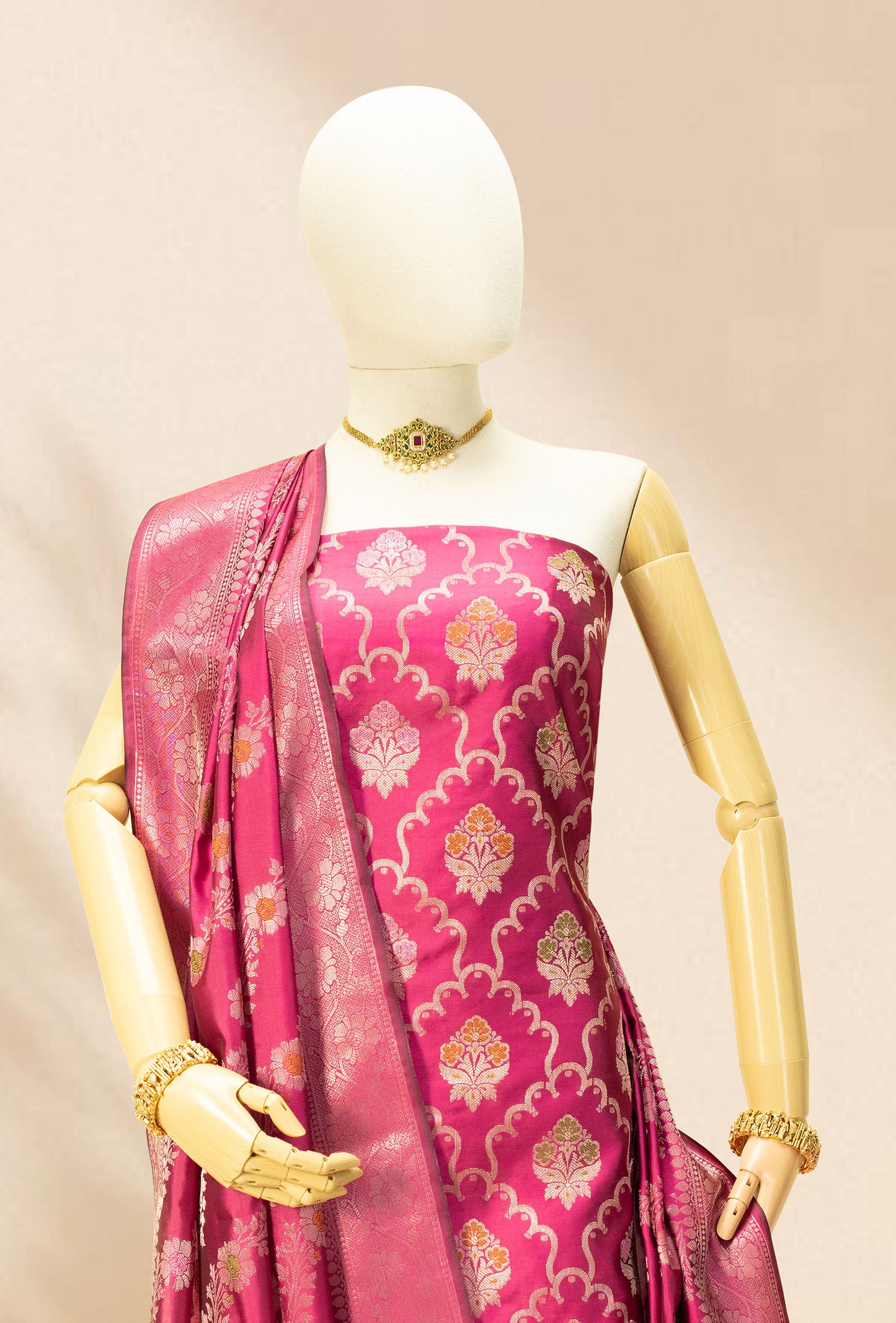 Rani Pink Banarasi Silk 3-Piece Suit Set – Kurta, Pant & Dupatta