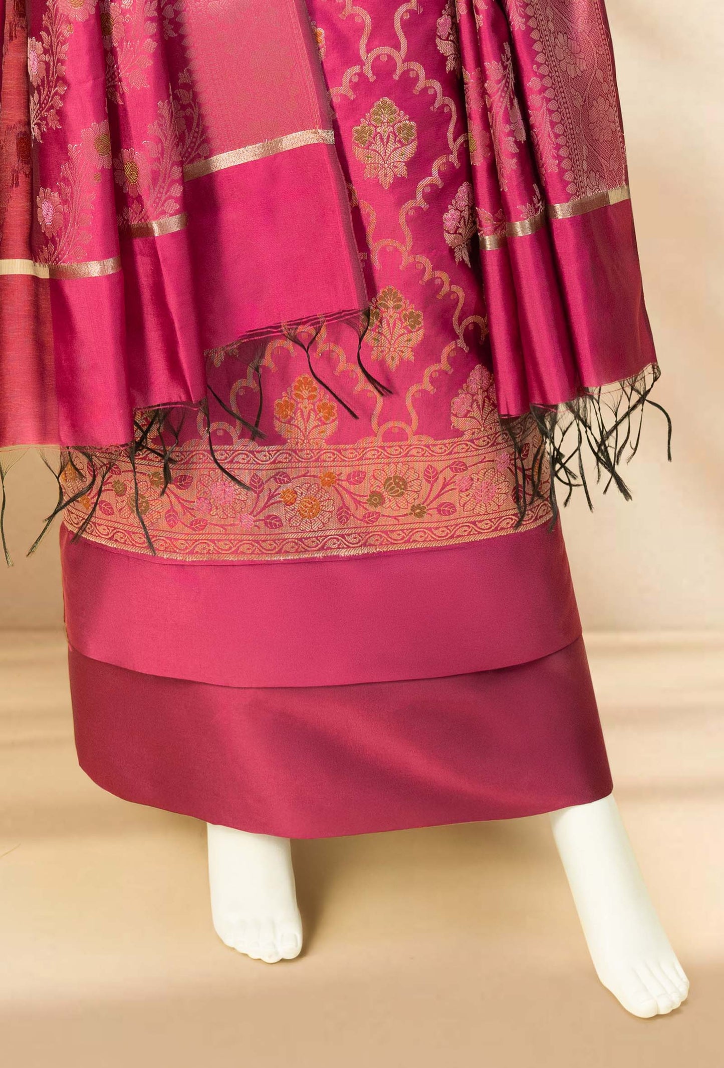 Rani Pink Banarasi Silk 3-Piece Suit Set – Kurta, Pant & Dupatta