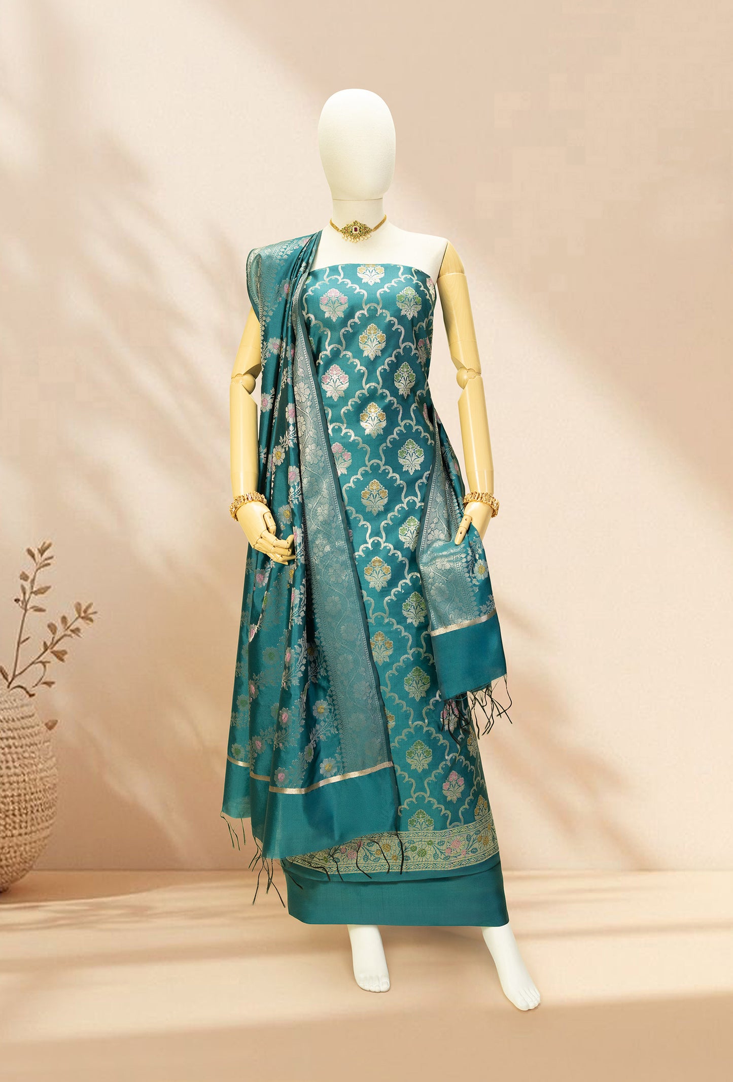 Peacock Green Banarasi Silk 3-Piece Suit Set – Kurta, Pant & Dupatta