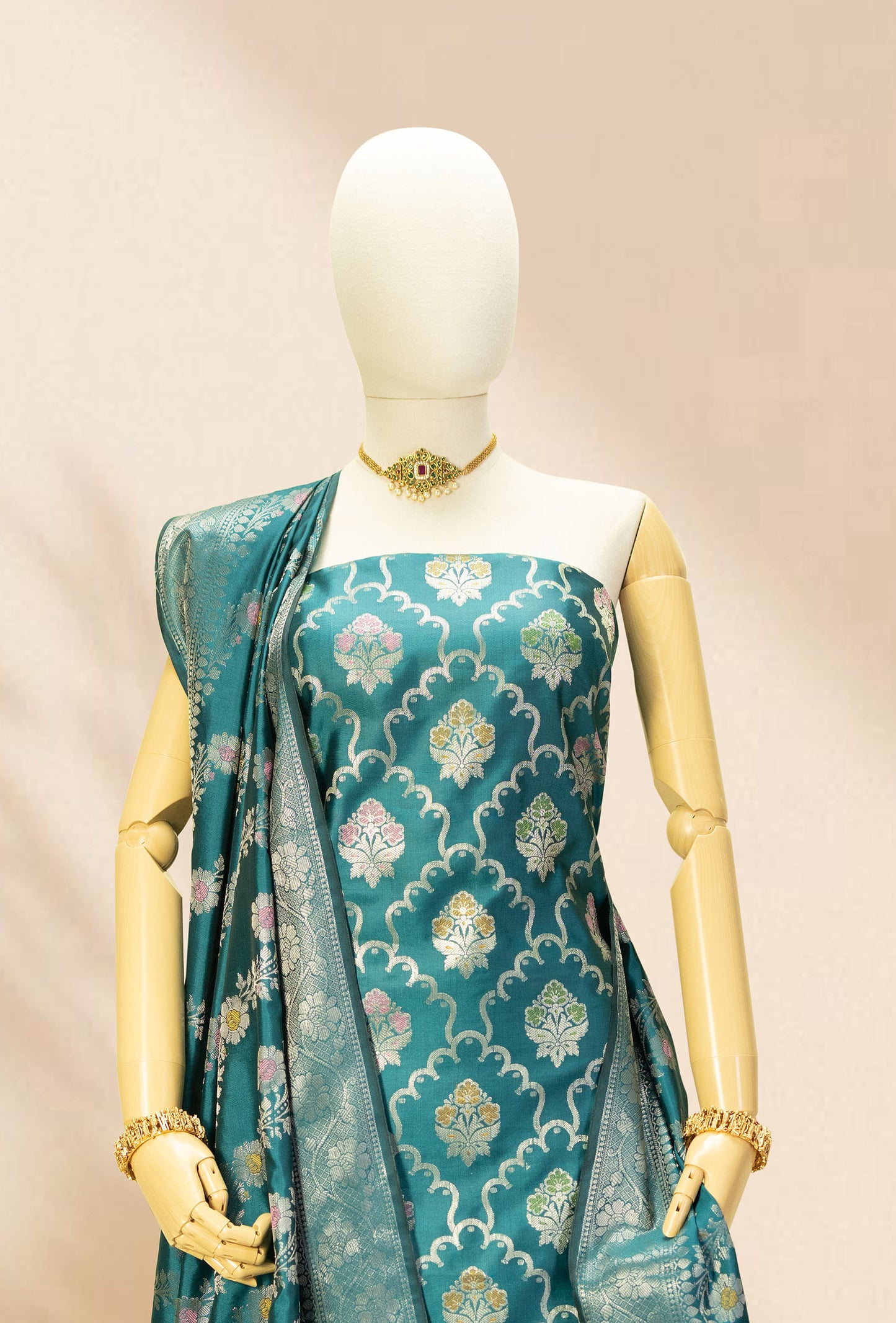 Peacock Green Banarasi Silk 3-Piece Suit Set – Kurta, Pant & Dupatta