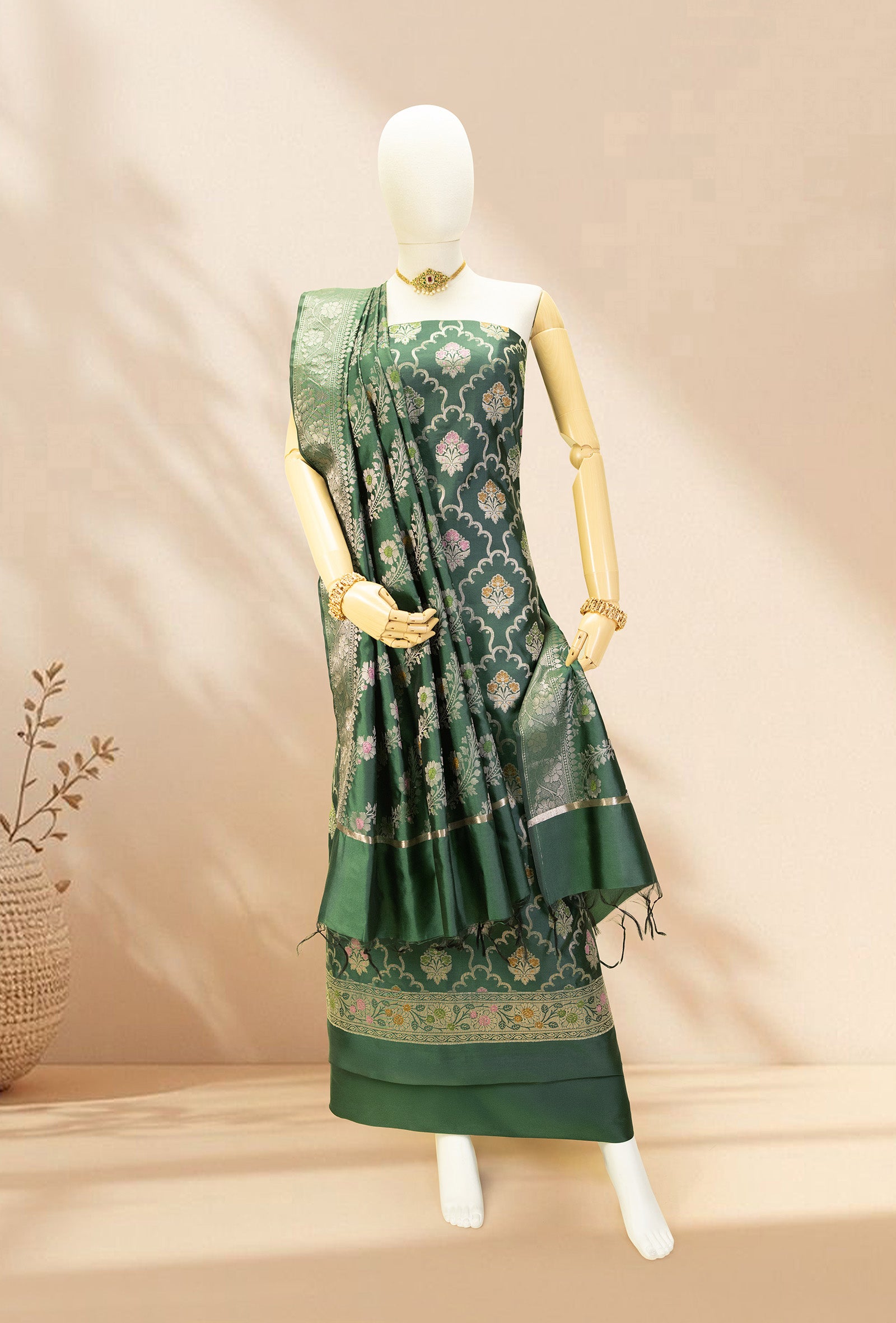 Bottle Green Banarasi Silk 3-Piece Suit Set – Kurta, Pant & Dupatta