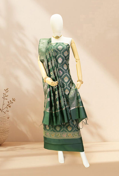 Bottle Green Banarasi Silk 3-Piece Suit Set – Kurta, Pant & Dupatta