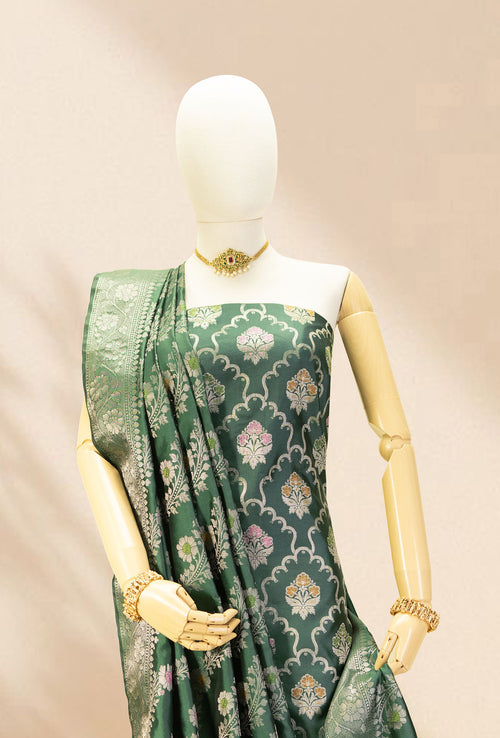 Bottle Green Banarasi Silk 3-Piece Suit Set – Kurta, Pant & Dupatta