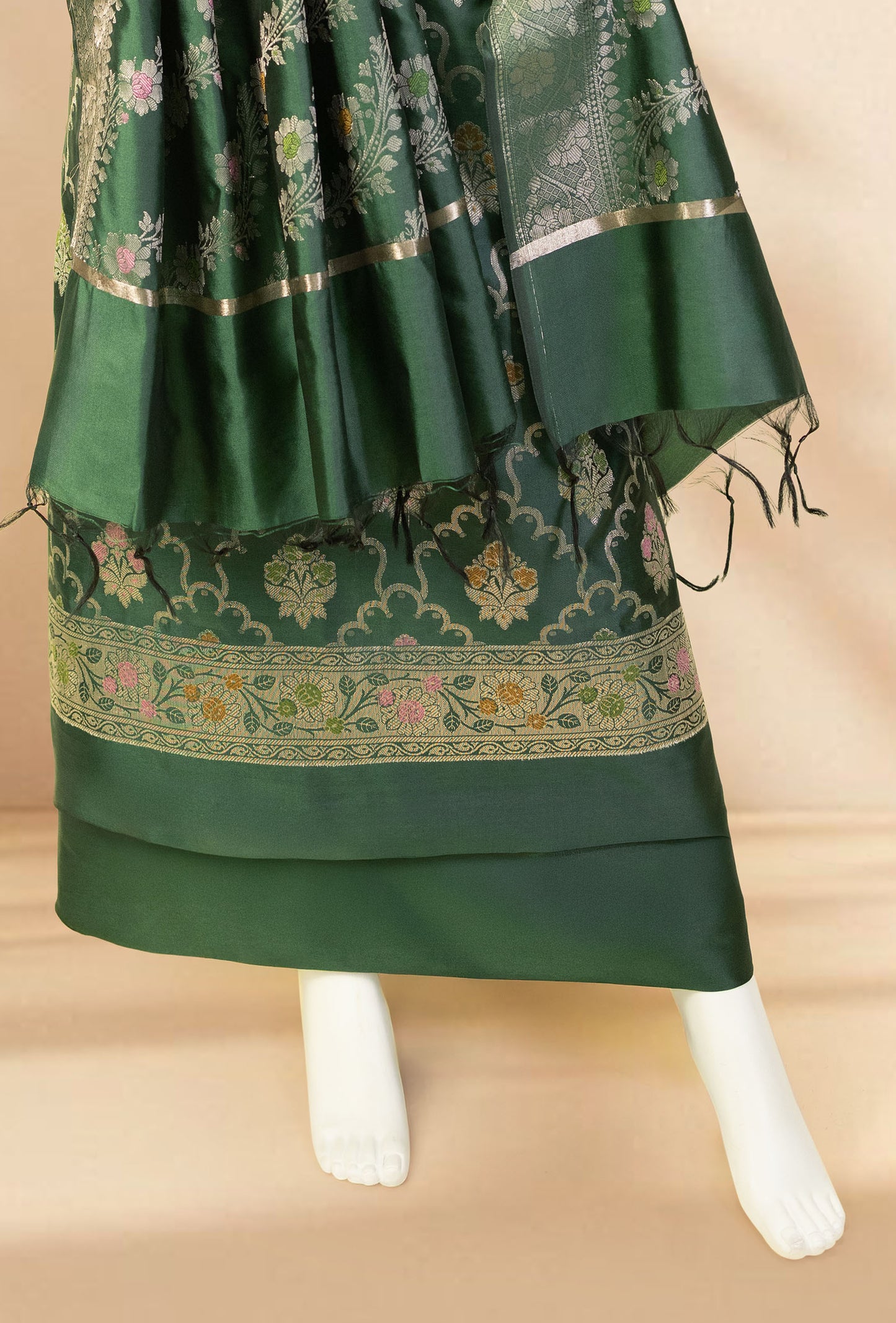 Bottle Green Banarasi Silk 3-Piece Suit Set – Kurta, Pant & Dupatta