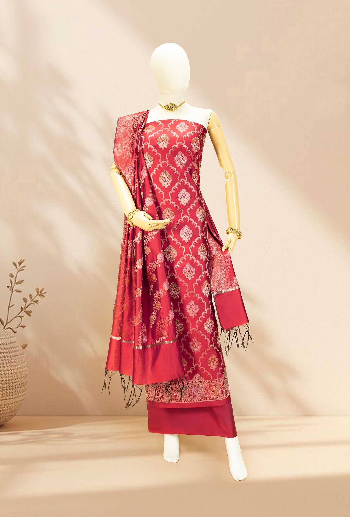 Red Banarasi Silk 3-Piece Suit – Kurta, Pant & Dupatta
