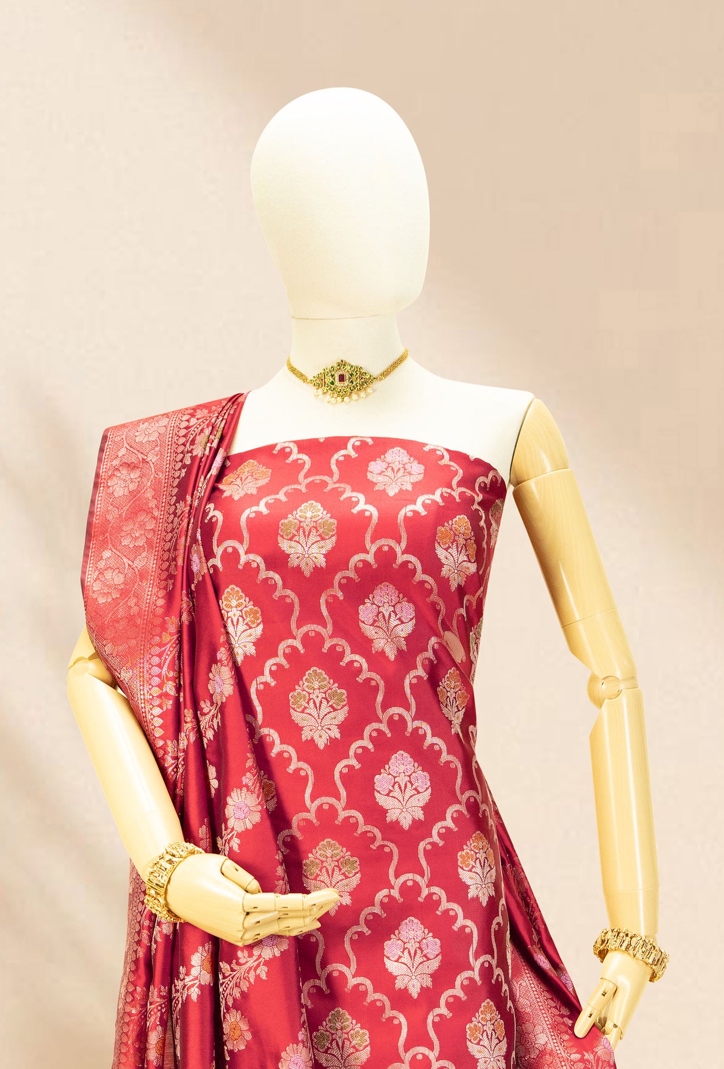 Red Banarasi Silk 3-Piece Suit – Kurta, Pant & Dupatta