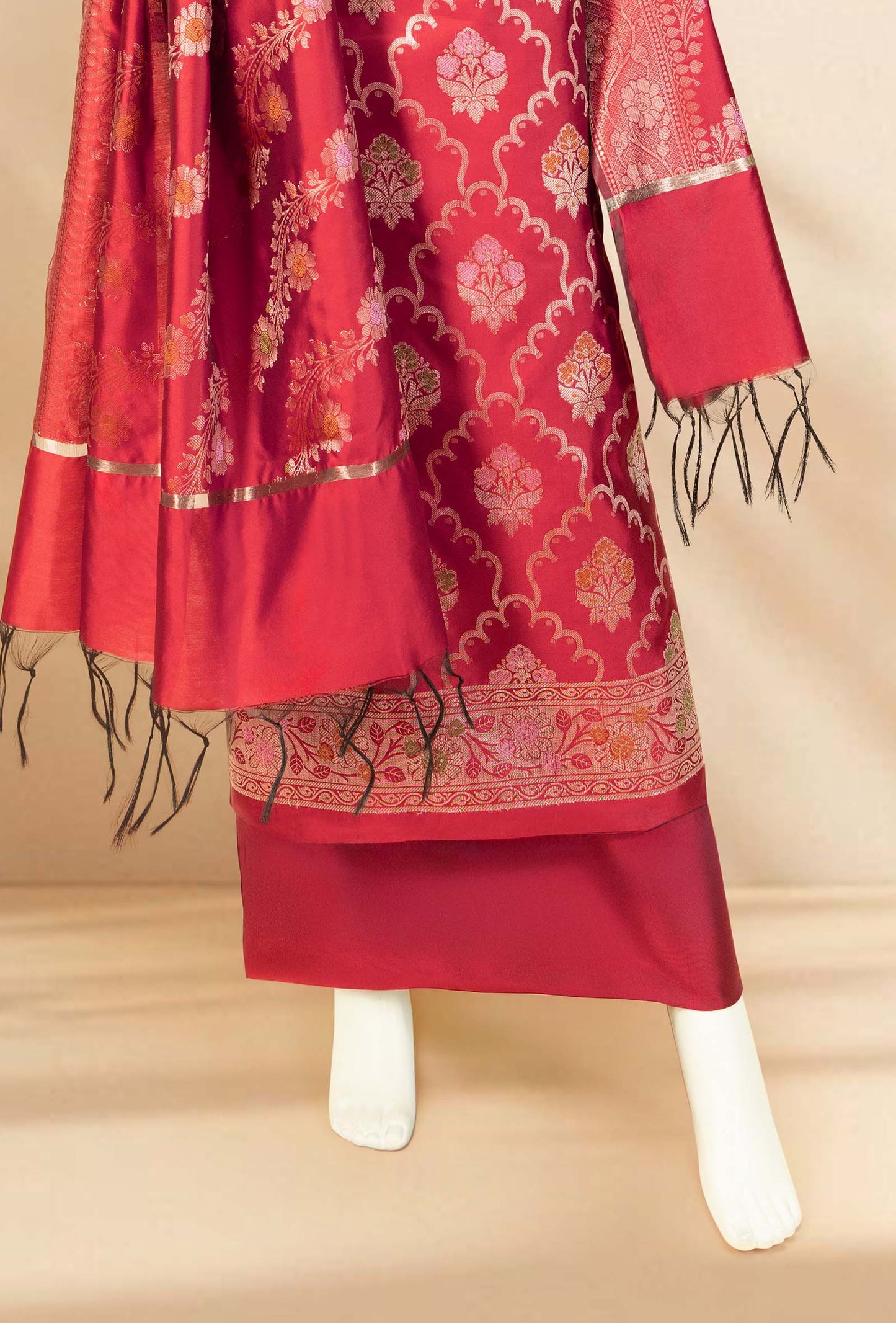 Red Banarasi Silk 3-Piece Suit – Kurta, Pant & Dupatta