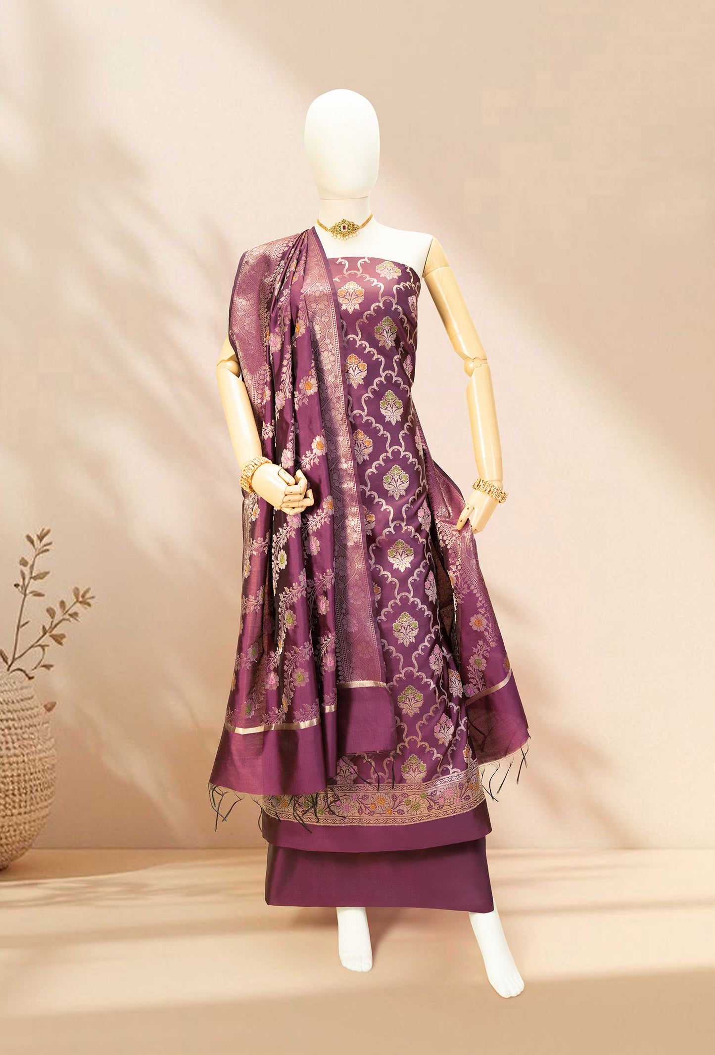 Deep Wine Banarasi Silk Designer Suit Piece