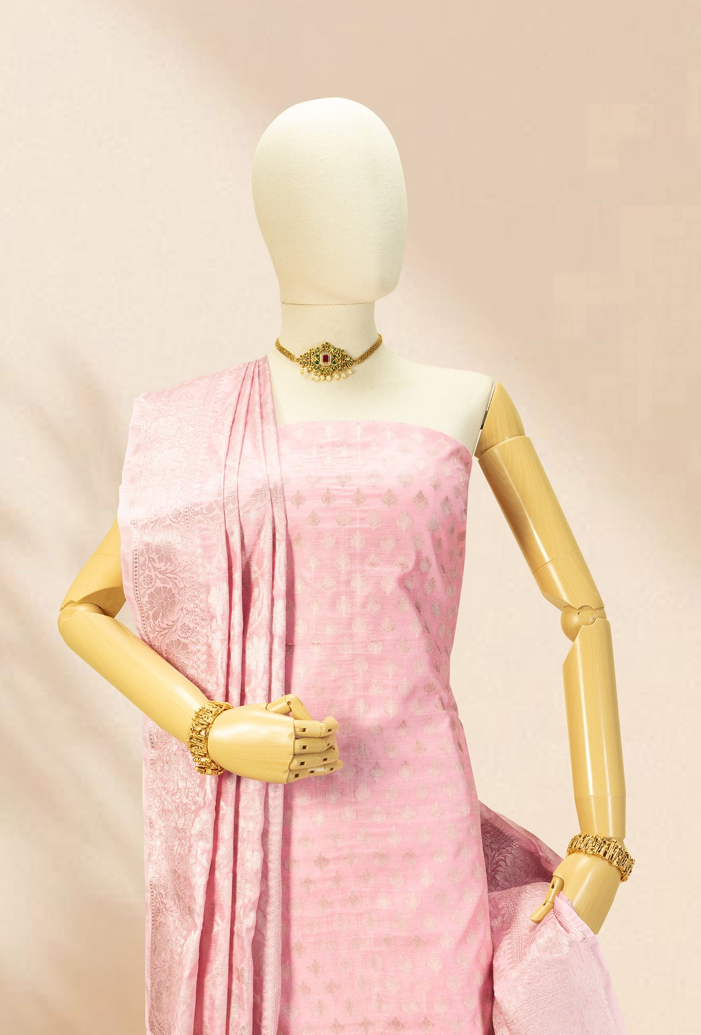 Pink Chanderi Cotton Suit Piece – Kurta, Pant & Dupatta
