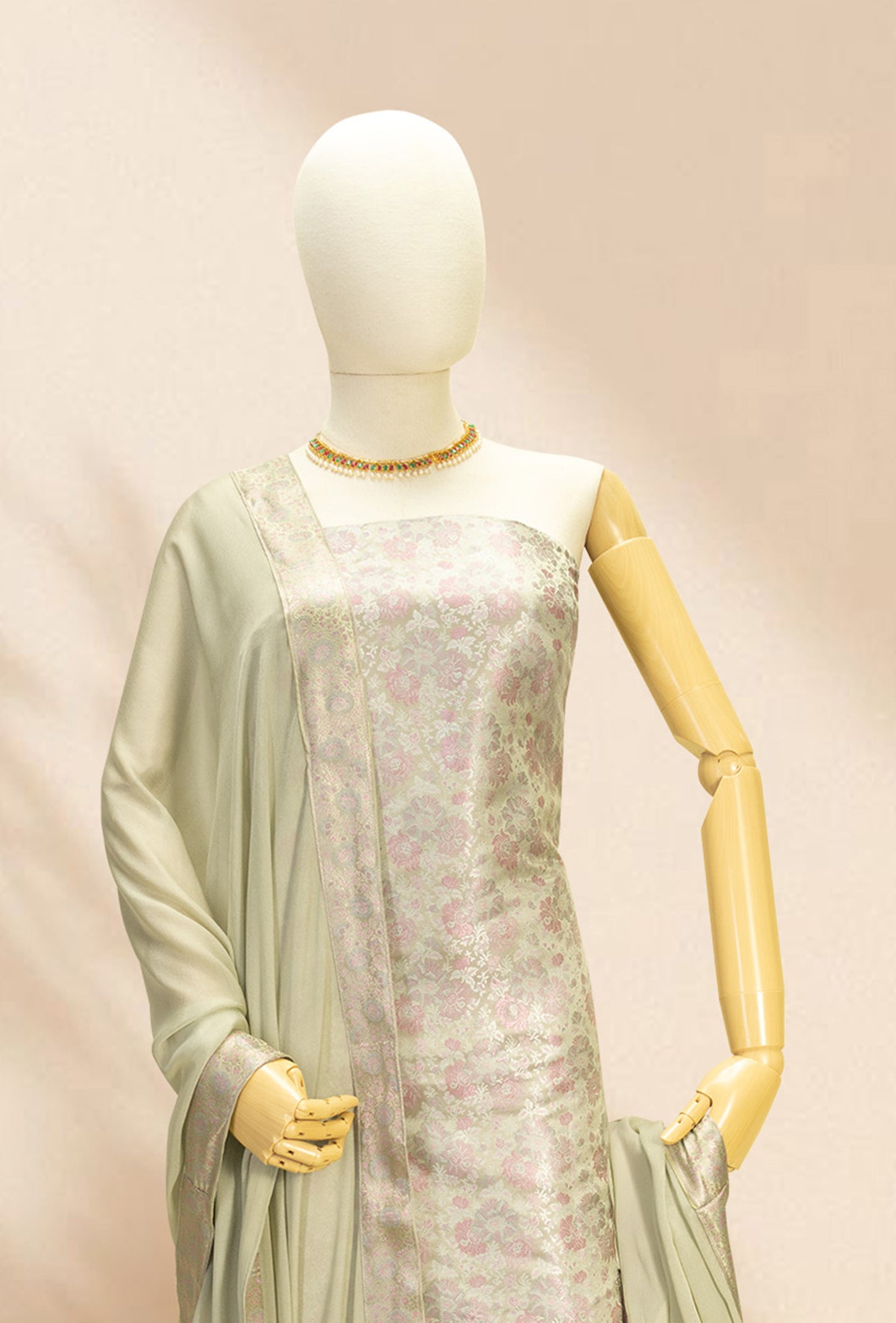 Pista Green Modal Silk 3-Piece Suit – Kurta, Crepe Pant & Chinon Dupatta