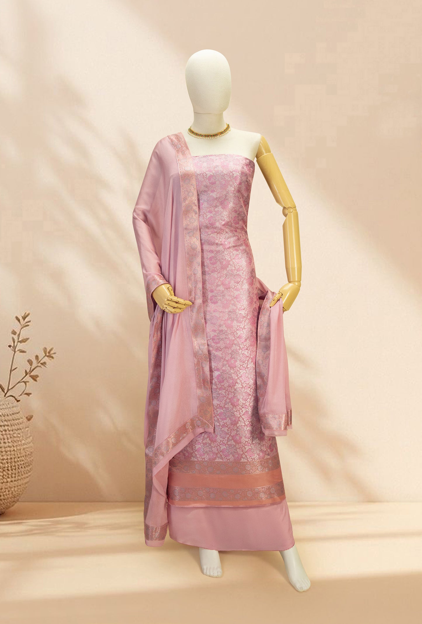 Salmon Pink Modal Silk Suit Piece with Crepe Pant & Chinon Duppatta