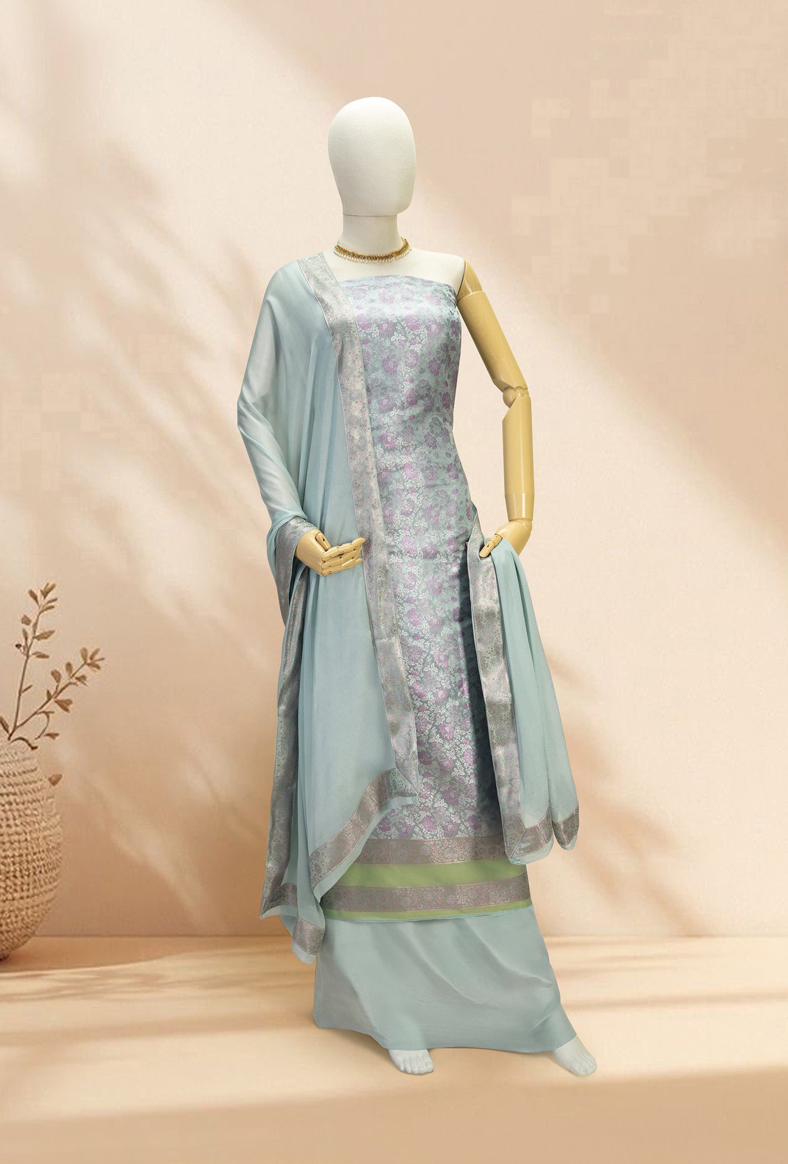 Powder Blue Modal Silk 3-Piece Suit – Kurta, Crepe Pant & Chinon Dupatta