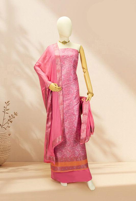 Light Pink Modal Silk 3-Piece Suit – Kurta, Crepe Pant & Chinon Dupatta