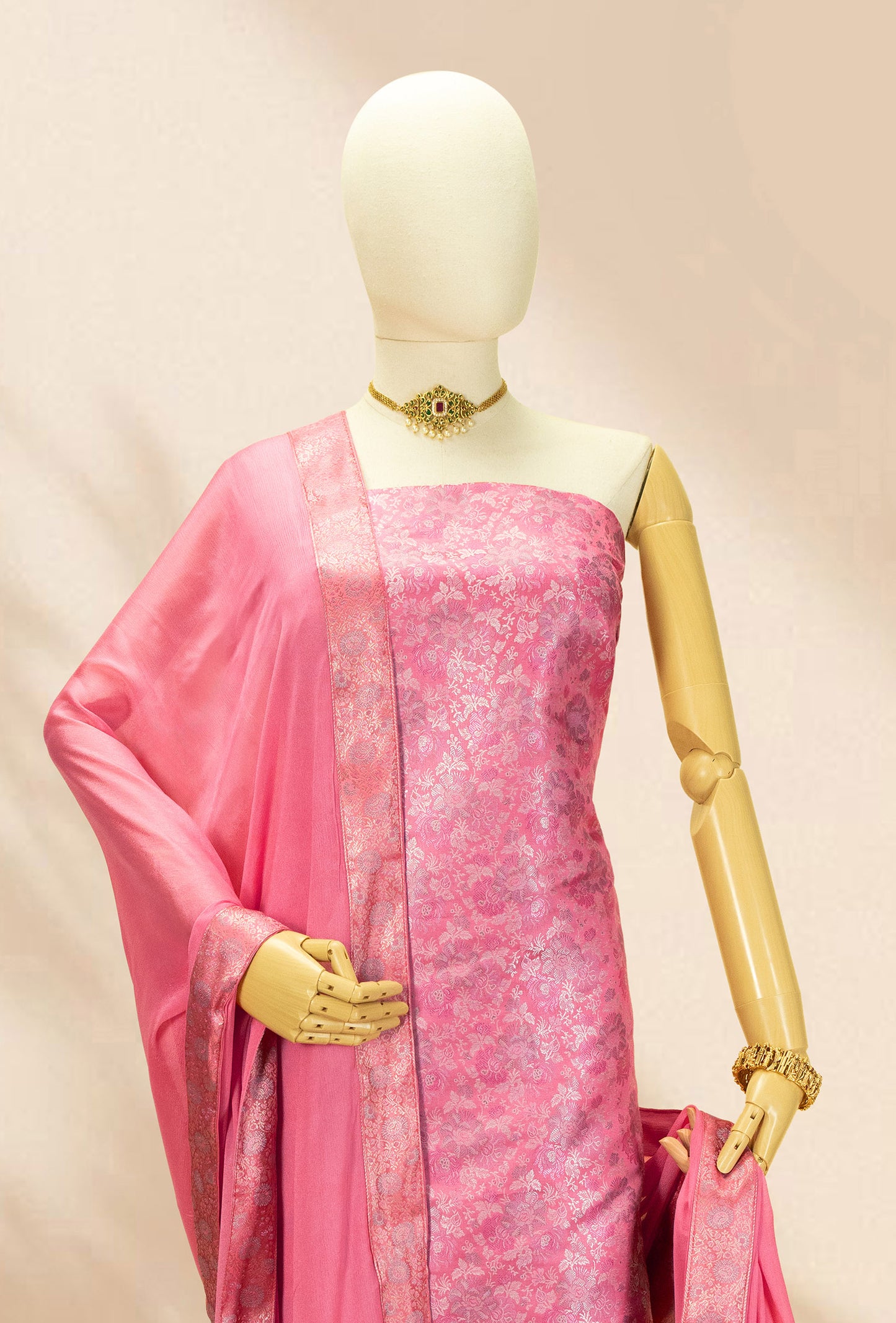 Light Pink Modal Silk 3-Piece Suit – Kurta, Crepe Pant & Chinon Dupatta